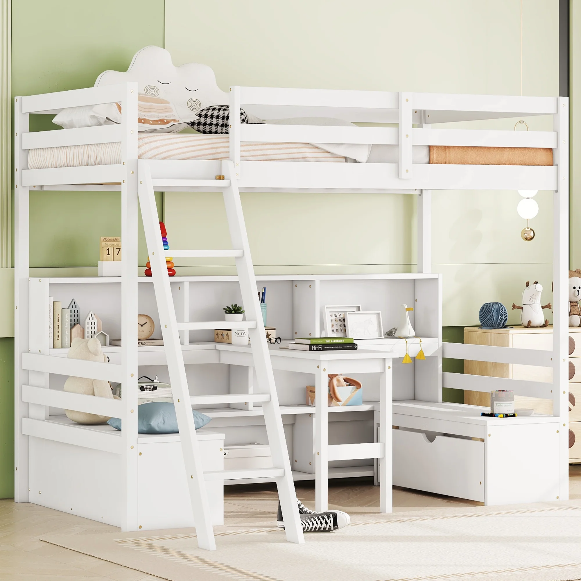 Euroco Modern Wood Twin Size Loft Bed with Desk and Drawers, Storage Shelf and Bench for Kids Teens, White - Image 4