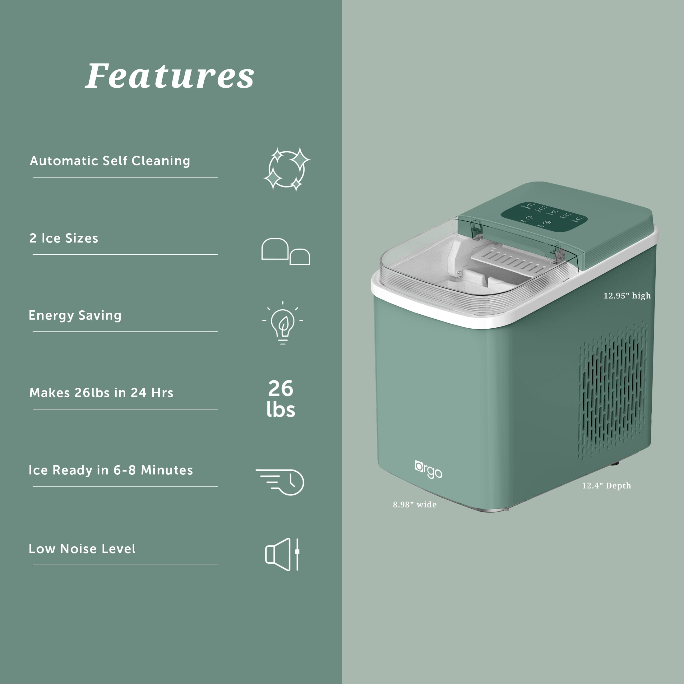 Orgo Products The Sierra 26 lbs in 24 hours Countertop Ice Maker, Sage - Image 4