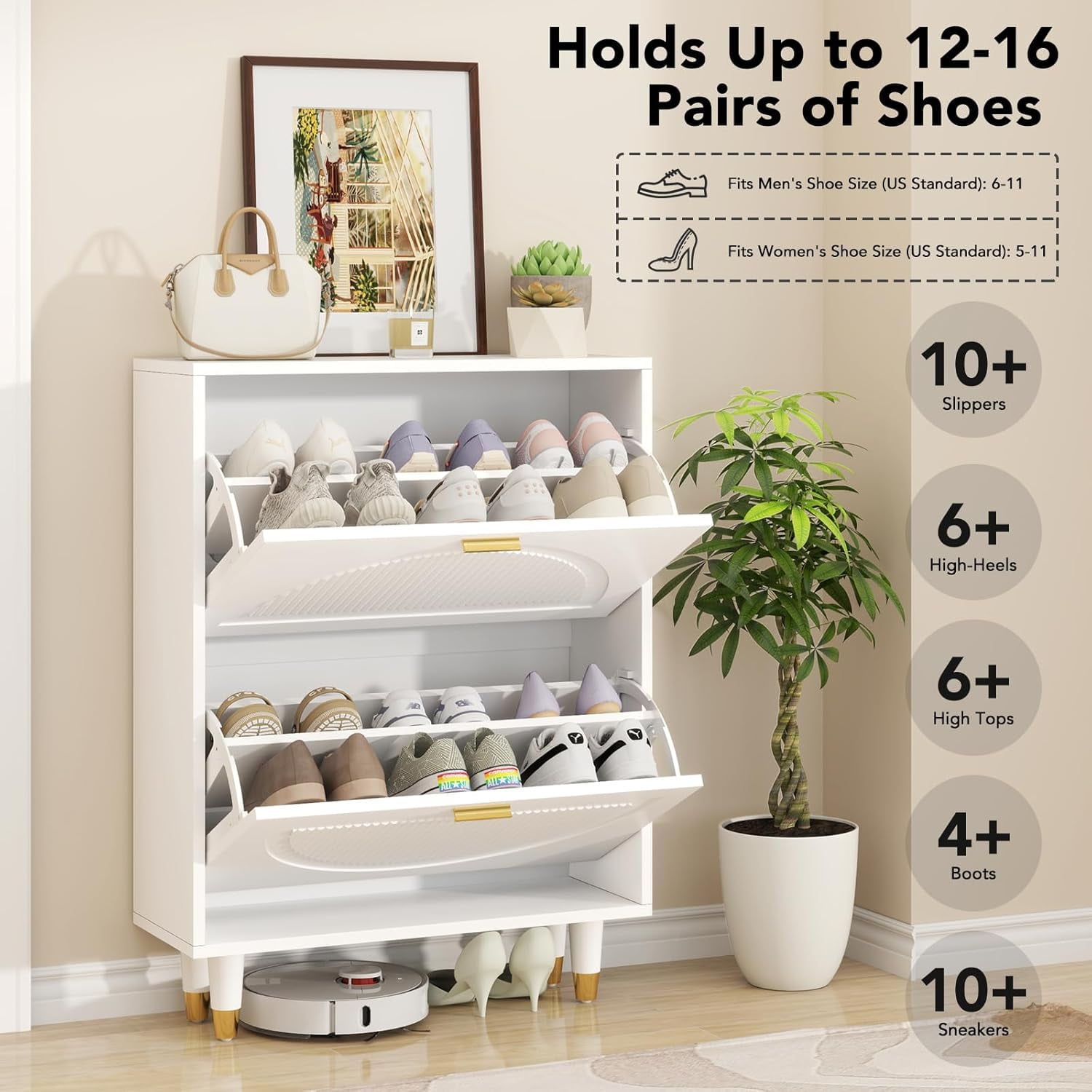 EPOWP 2-Flip Drawers Shoe Cabinet, Freestanding Shoe Rack Shoe Cupboard Organizer Wood, Entryway Shoe Storage Organizer for Home or Office, White - Image 4