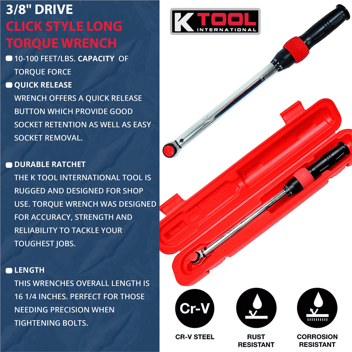 K-Tool 72143 3/8" Drive Click Long Torque Wrench, 10-100 ft/lb Capacity - Image 9