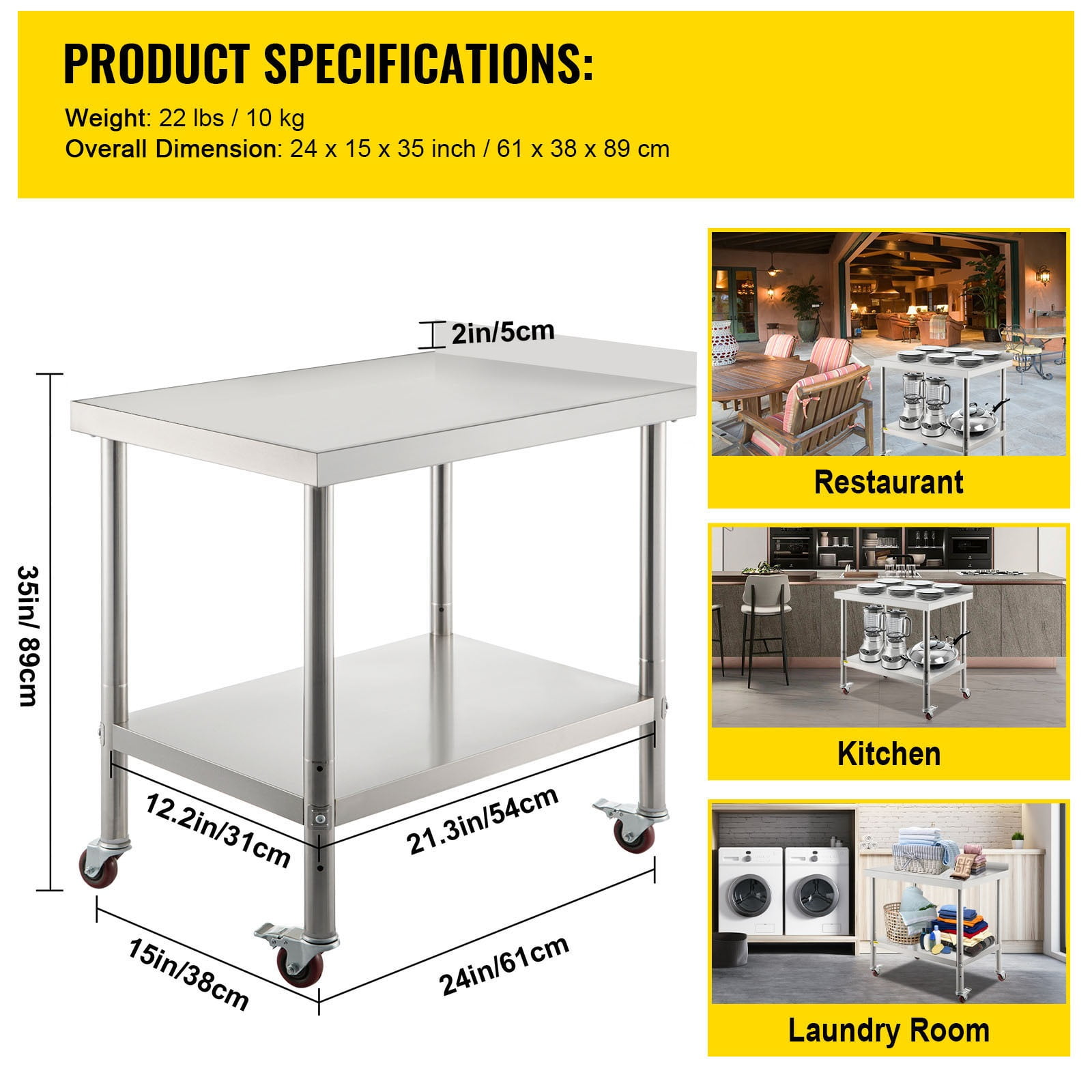 KFFKFF Stainless Steel Prep Table, 24 x 15 x 35 inches, 440 lb Load Capacity Heavy Duty Metal Worktop with Backsplash Adjustable Base and 4 Casters, Kitchen Dining Commercial Workstation - Image 7