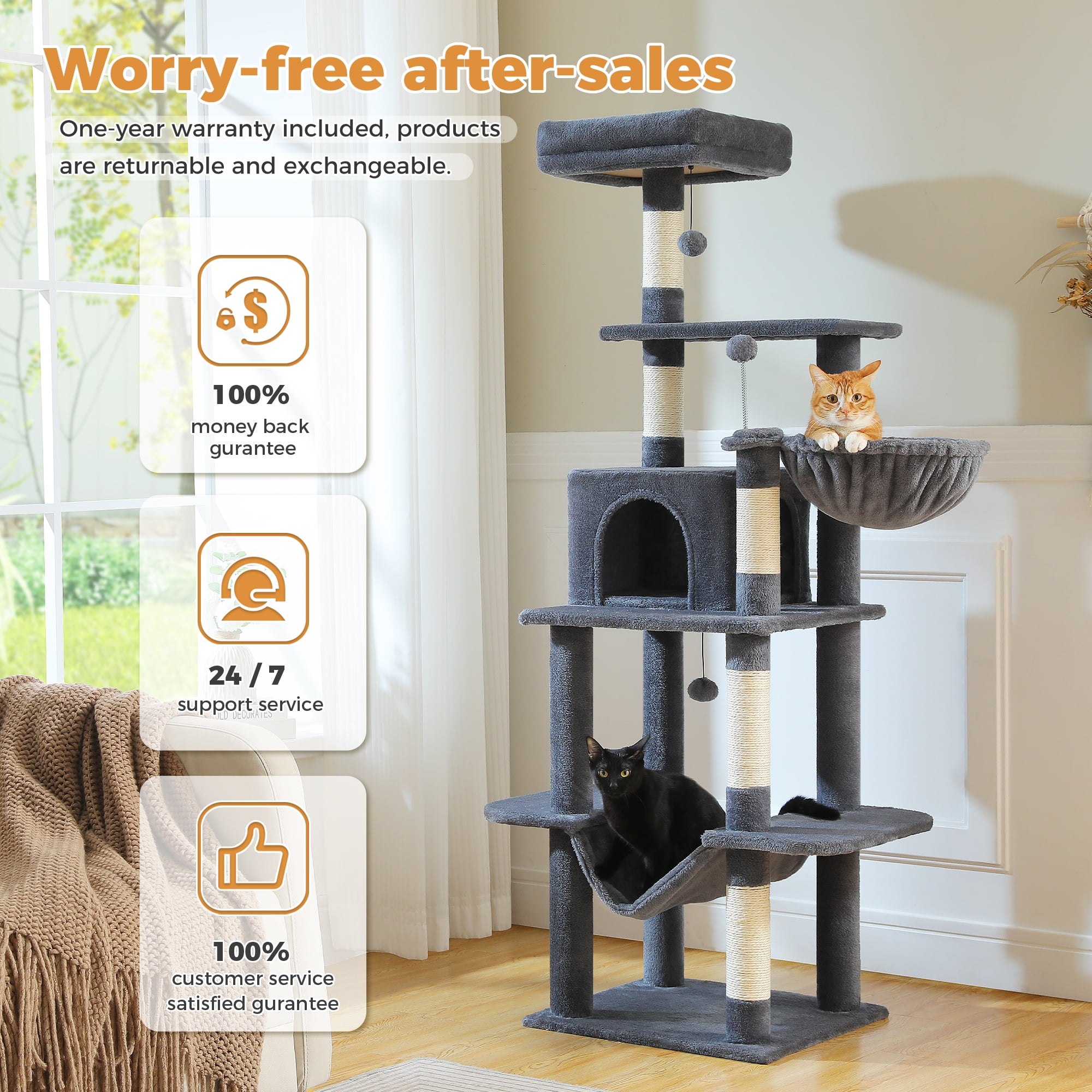 PAWZ Road 64" Cat Tree 5-Tier Sisal Scratching Post Tower Hammock Perch for Indoor Cats, Dark Gray - Image 3