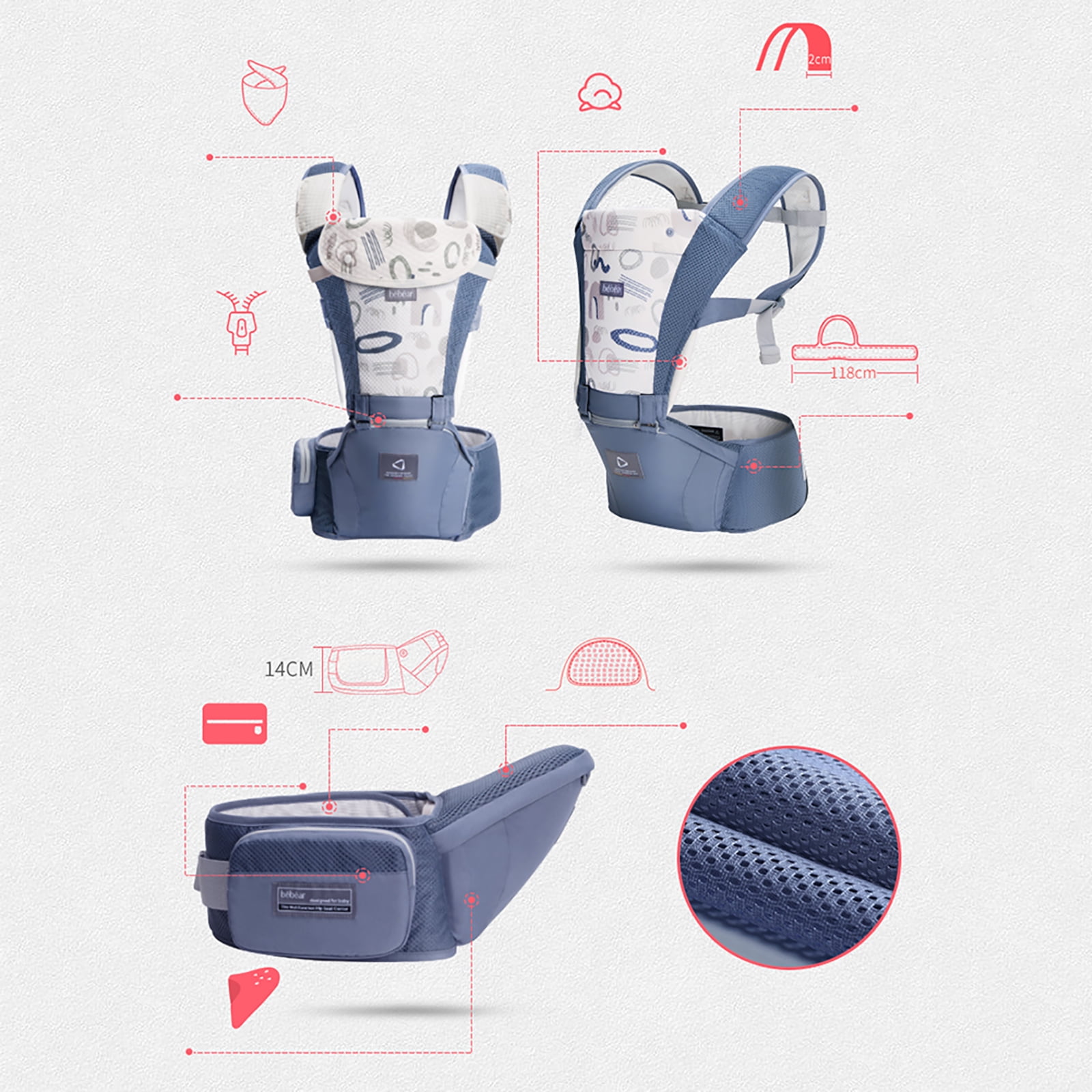 Bebamour Baby Carrier Newborn Front and Back Carry Baby Carrier Newborn to Toddler Baby Hip Carrier with Head Hood & 3 Pieces Teething Pads (Grey) - Image 3