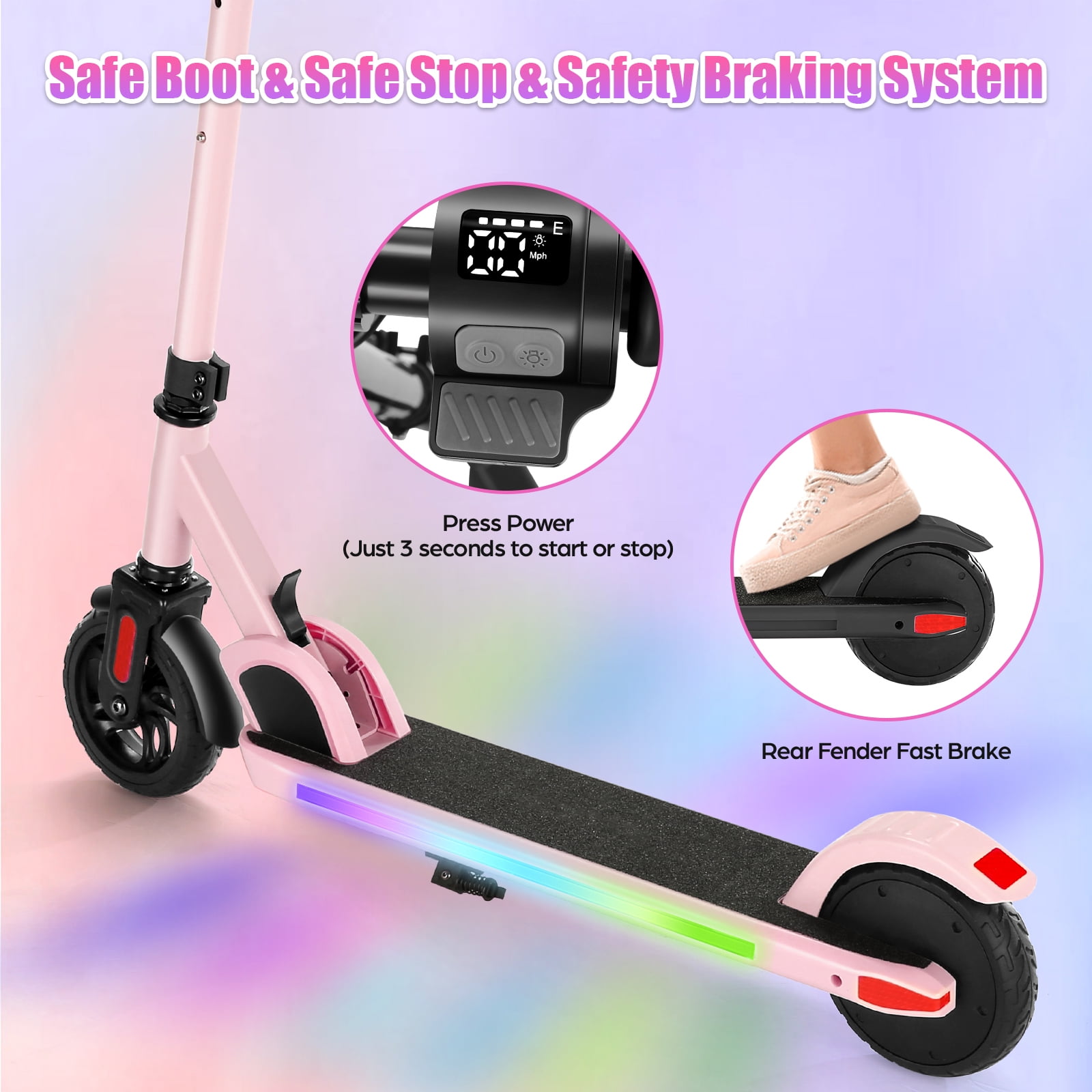 SANOPY Electric Scooter for Kids Ages 6-14, Adjustable Speed & Height, Colorful Lights, LED Display, 150W Motor, up to 10 mph, 80 Mins Ride Time, Pink - Image 2