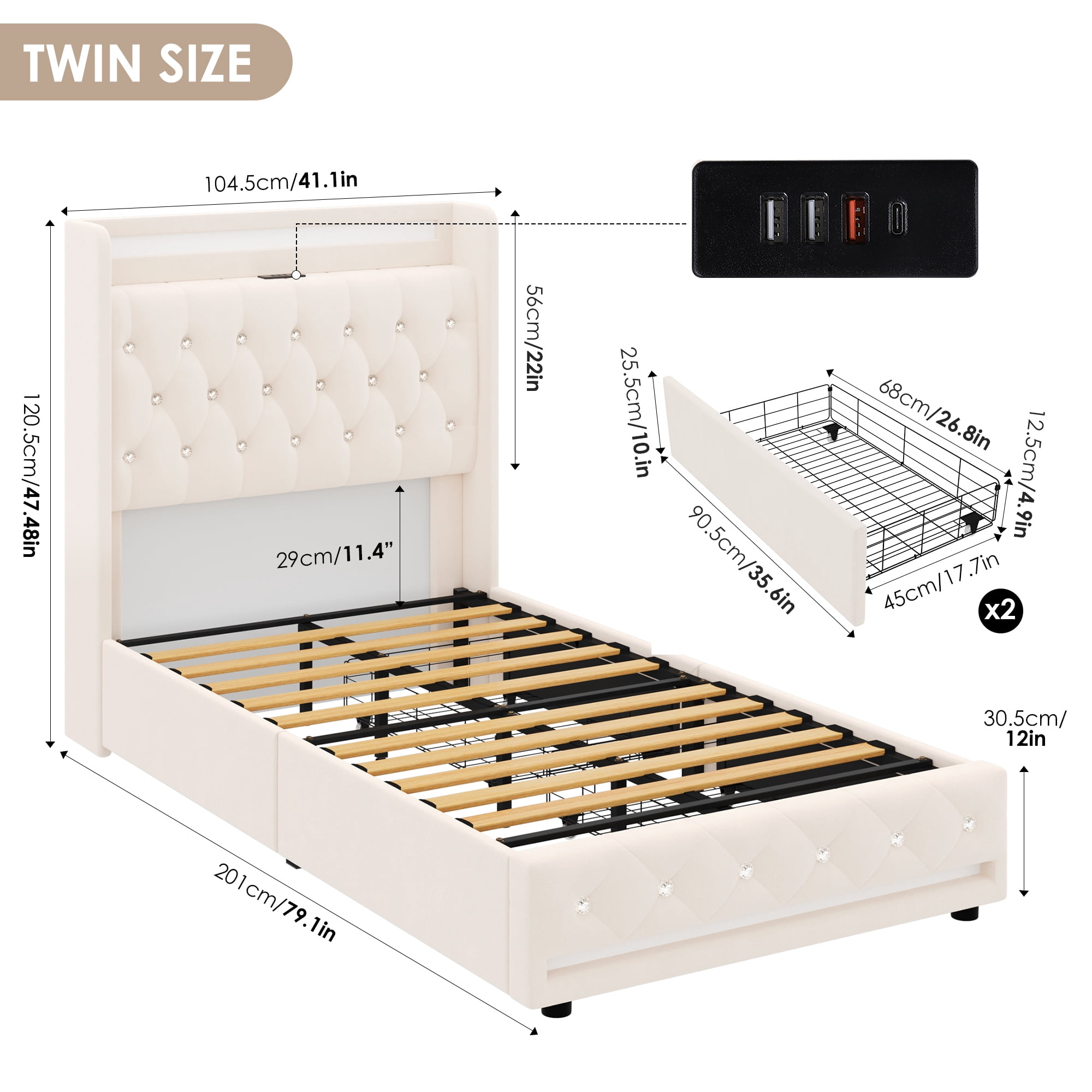 Homfa Twin Bed Frame with LED Light & Charge Station, 2 Storage Drawers Modern Upholstered Wingback Platform Bed Frame, Beige Velvet - Image 3