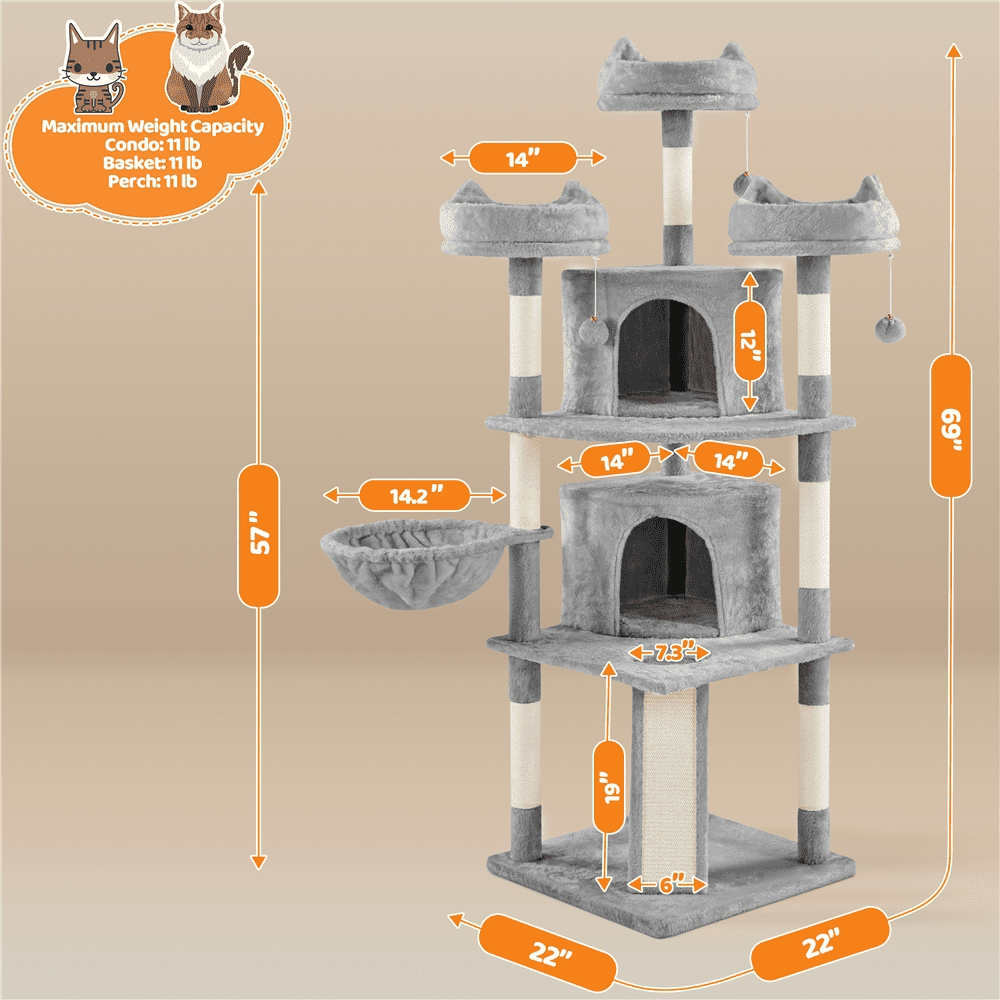 Alden Design 68.5"H Large Multilevel Cat Tree Tower with Condos and Perches, Light Gray - Image 10