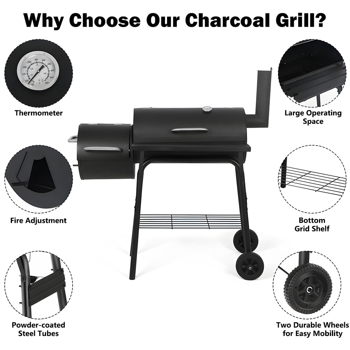 AKIUDEX Outdoor Portable BBQ Charcoal Grill with Offset Smoker for Pit Patio Backyard, Black - Image 2