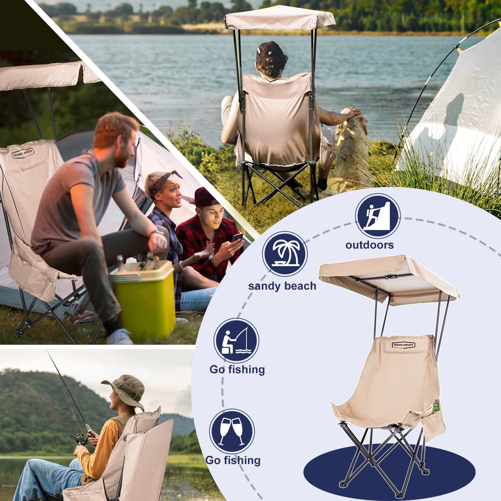 Young Wood Portable Camping Chair with Shade Canopy and Side Pocket Design, Khaki, 1pc - Image 7
