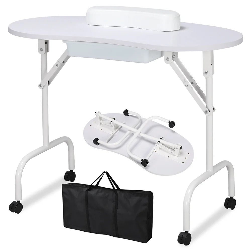 Alden Design Folding Manicure Table Nail Beautician Desk with Lockable Wheels & Bag - Image 6