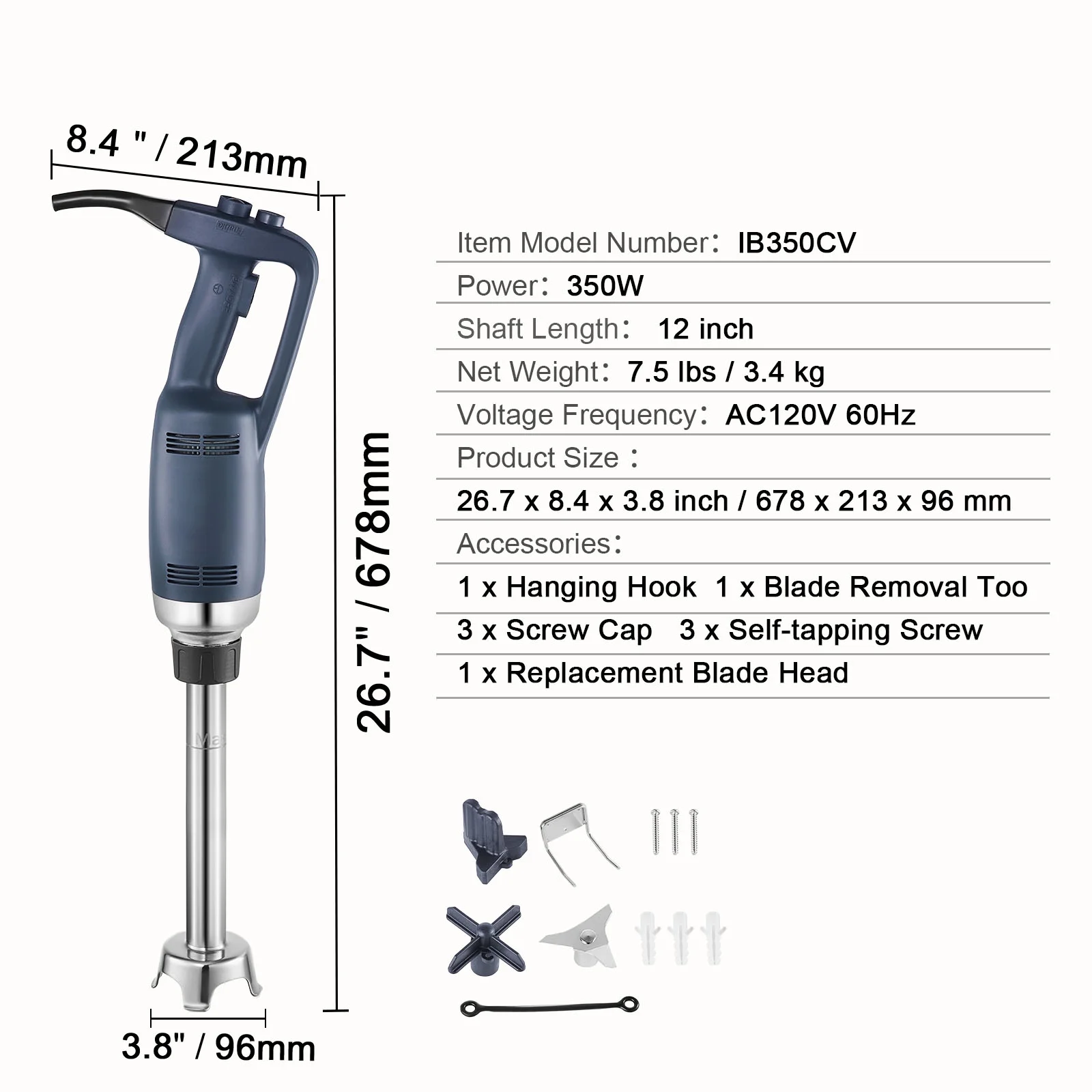 KFFKFF Professional Handheld Blender, 350W Robust Motor, 12-inch Adjustable Speed, Stainless Steel Blade, Versatile Stick Mixer for Soups, Sauces, and Creams - Image 2