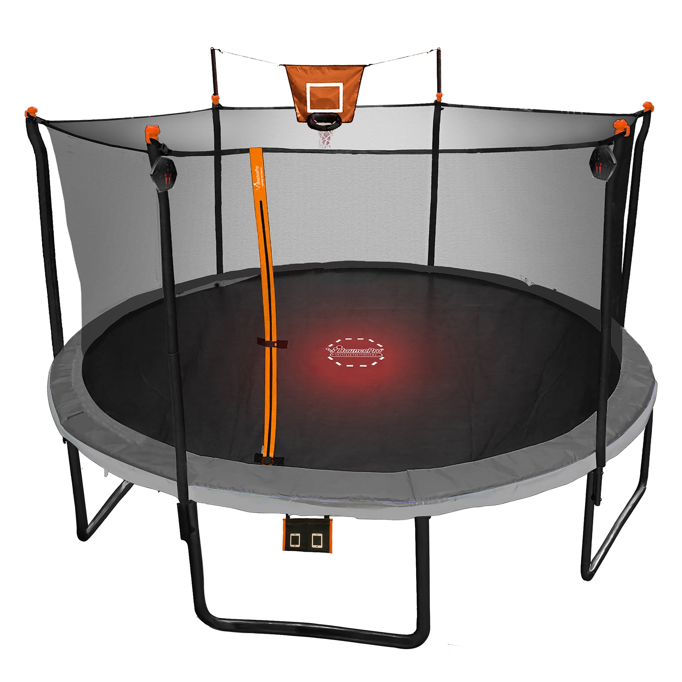 Bounce Pro 14ft Multiplay Trampoline & Enclosure Combo Set with Basketball, Electron Shooter Game, Flash Light Zone Features, Painted Legs & Phone Pouch - Image 17