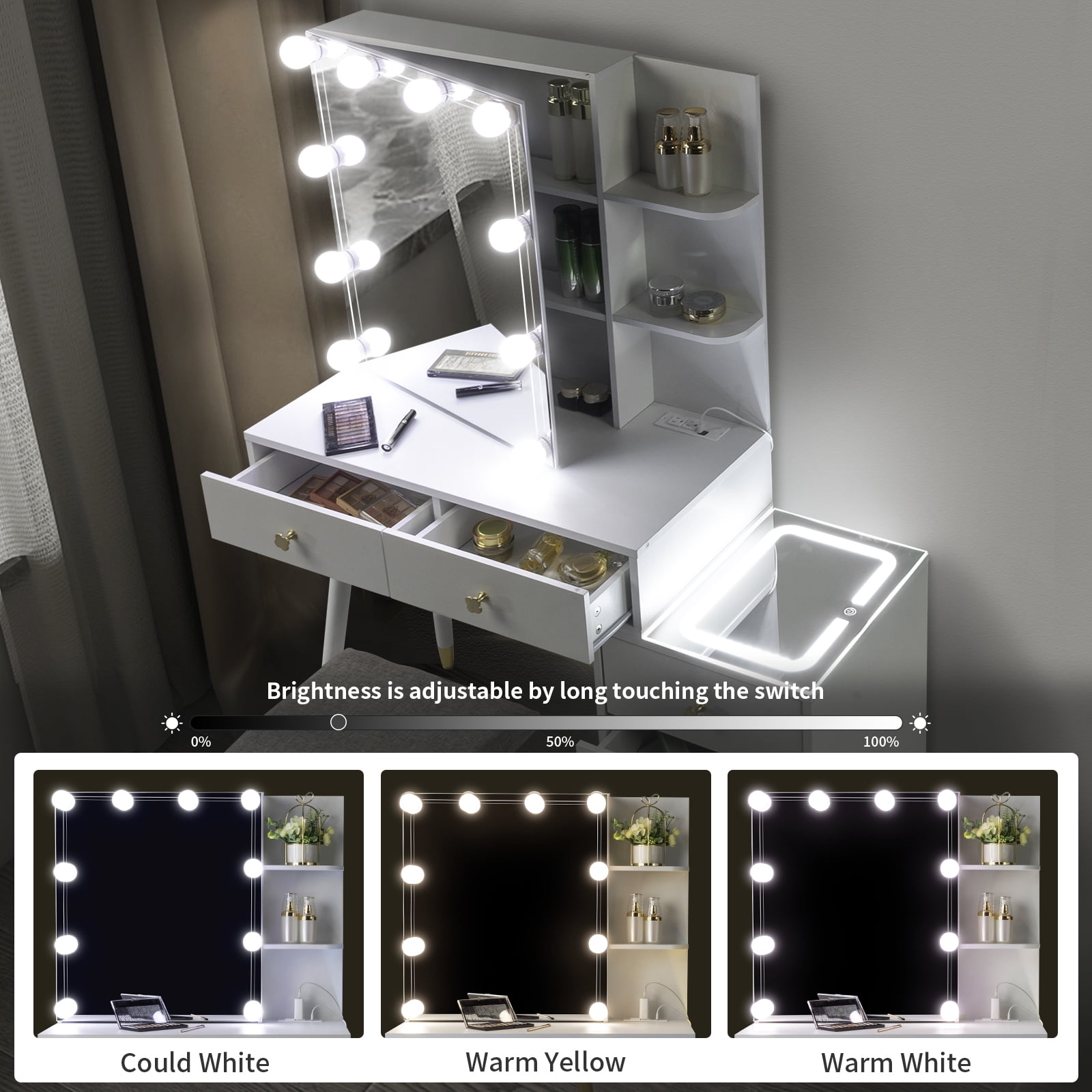Ktaxon 3 Color Lighted Vanity Table Set, Makeup Table with LED Nightstand, Dressing Table with USB Charging Station, for Women, Female Bedroom, White - Image 8