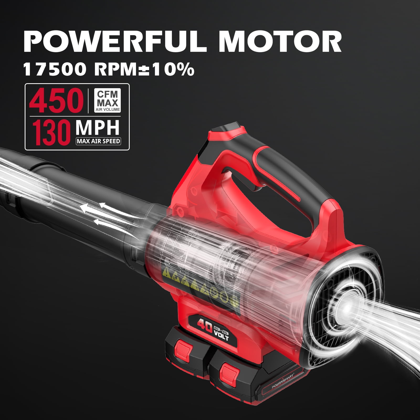 PowerSmart 40V Cordless Leaf Blower, 450 CFM 130 mph, Includes 2 x 2.0Ah Batteries & Chargers - Image 7