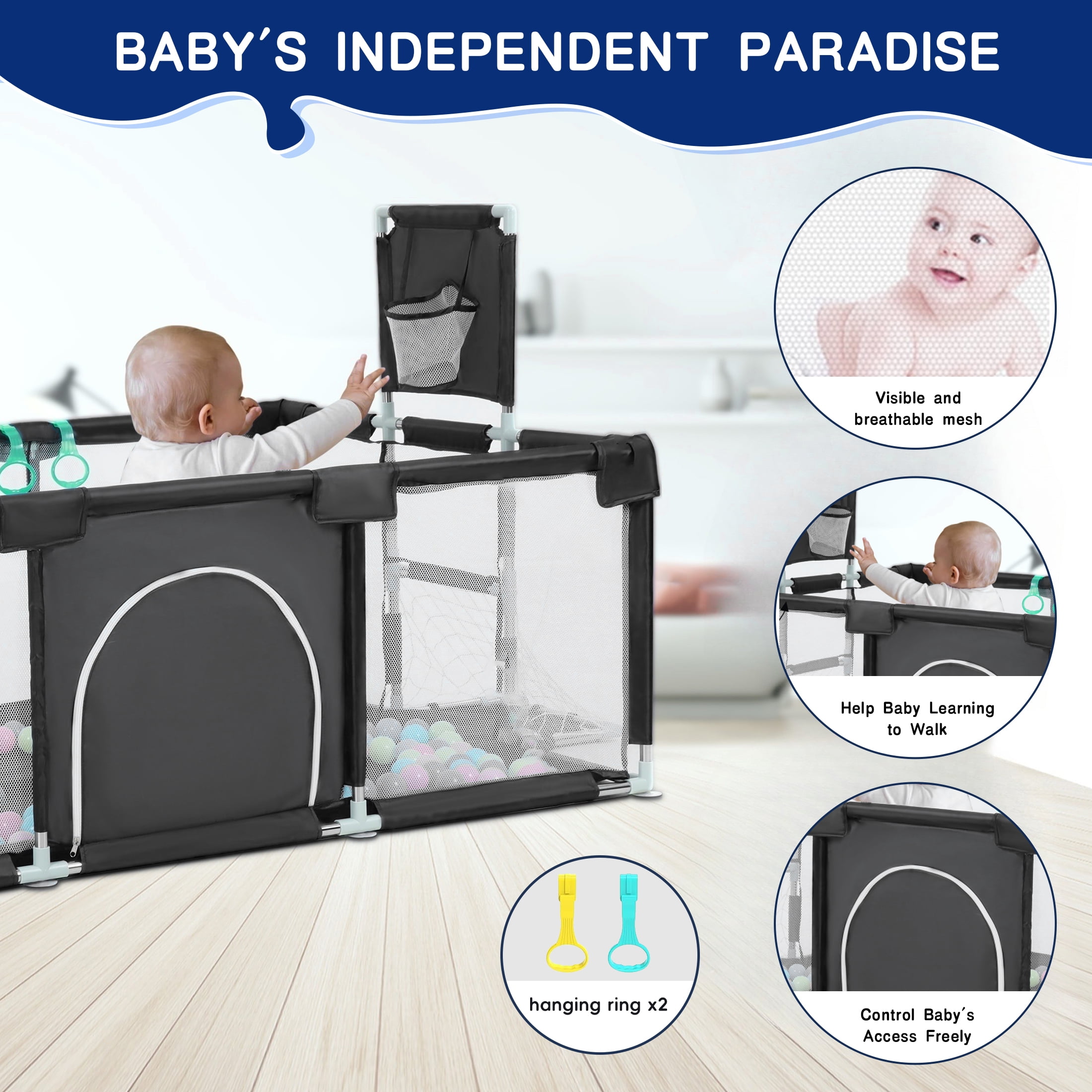 HioHa Large Baby Playpen, Big Playard with Basketball Hoop, Portable Play Yard Baby Fences with Storage Bag for Infant Toddler - Image 2