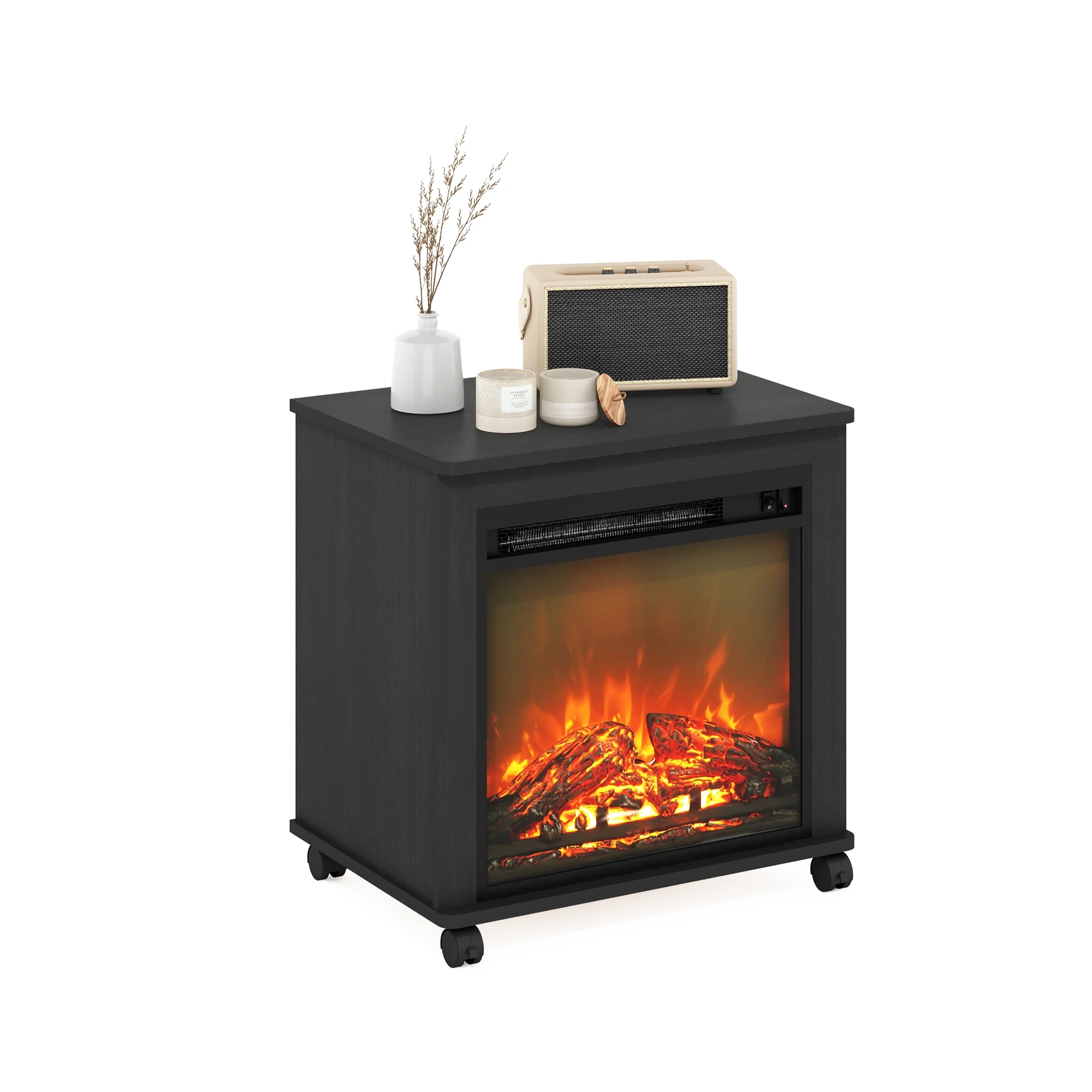 Furinno Jensen Electric Fireplace End Table with Wheels, Americano - Image 2