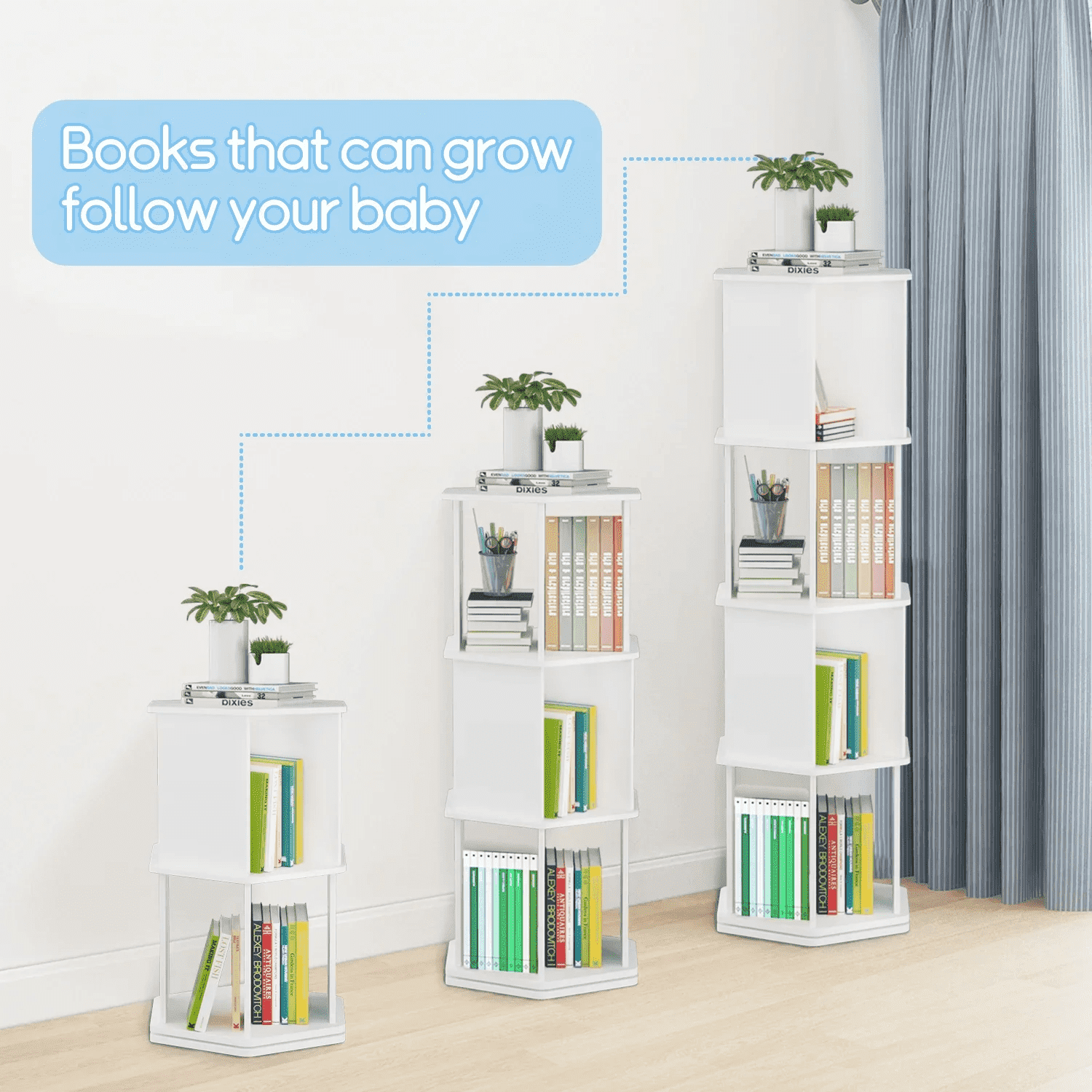 tonchean 4 Tier 360° Rotating Bookshelf, 52"H Floor Standing Bookcase Organizer Rack for Study Gift, White Wood - Image 8