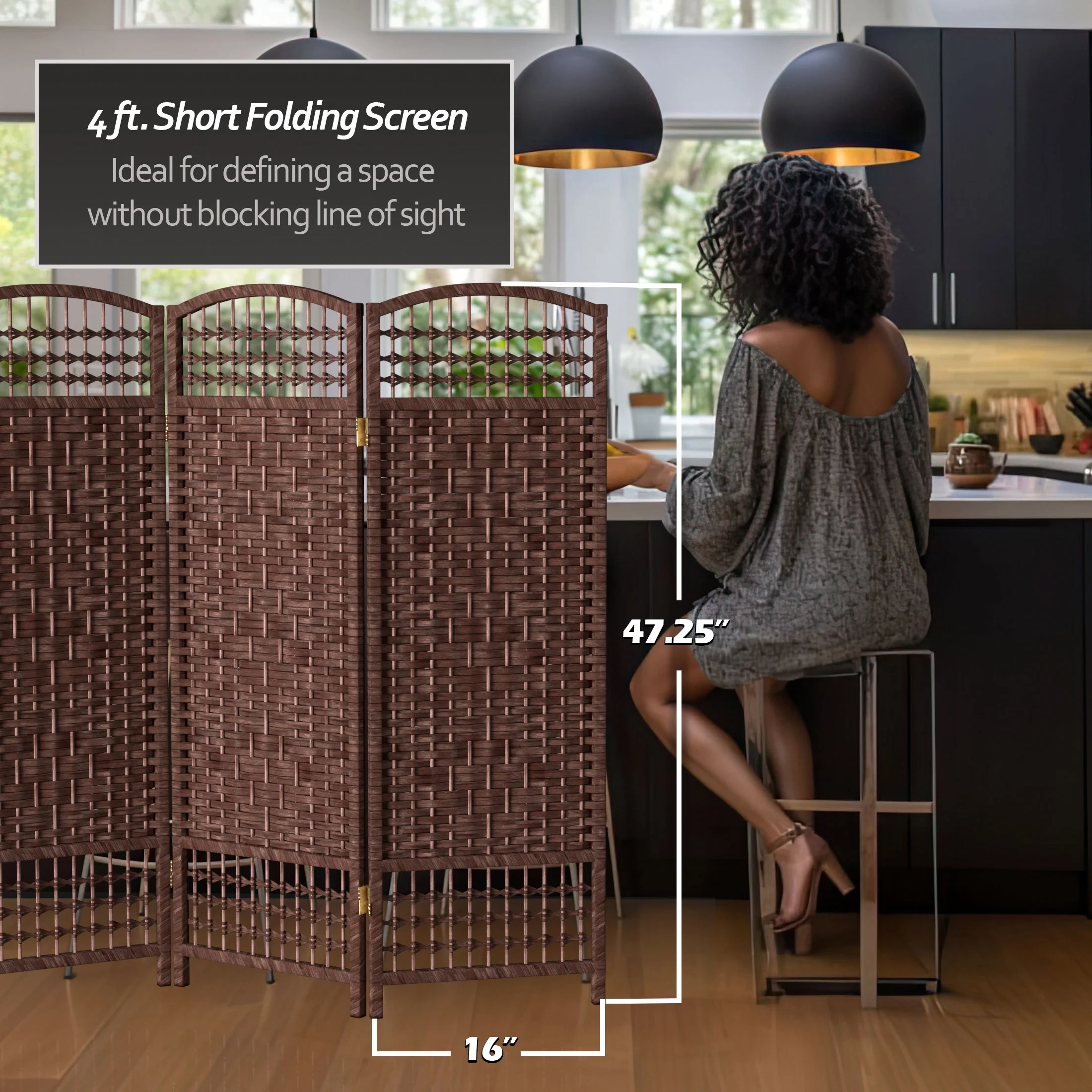 Red Lantern 4 ft. Short Fiber Weave Folding Screen - Dark Red - 4 Panels - Image 3