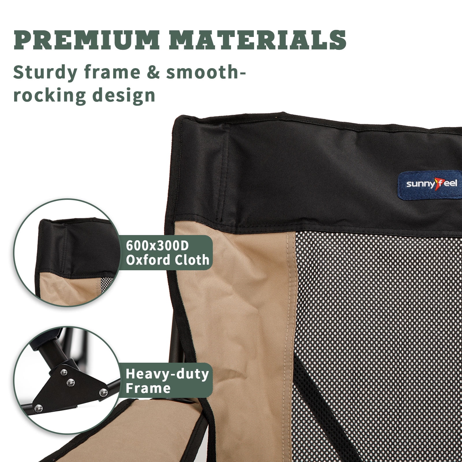 SunnyFeel Camping Rocking Chair for Adults, Oversized Folding Rocker Lawn Chair with Mesh Back (Khaki) - Image 3