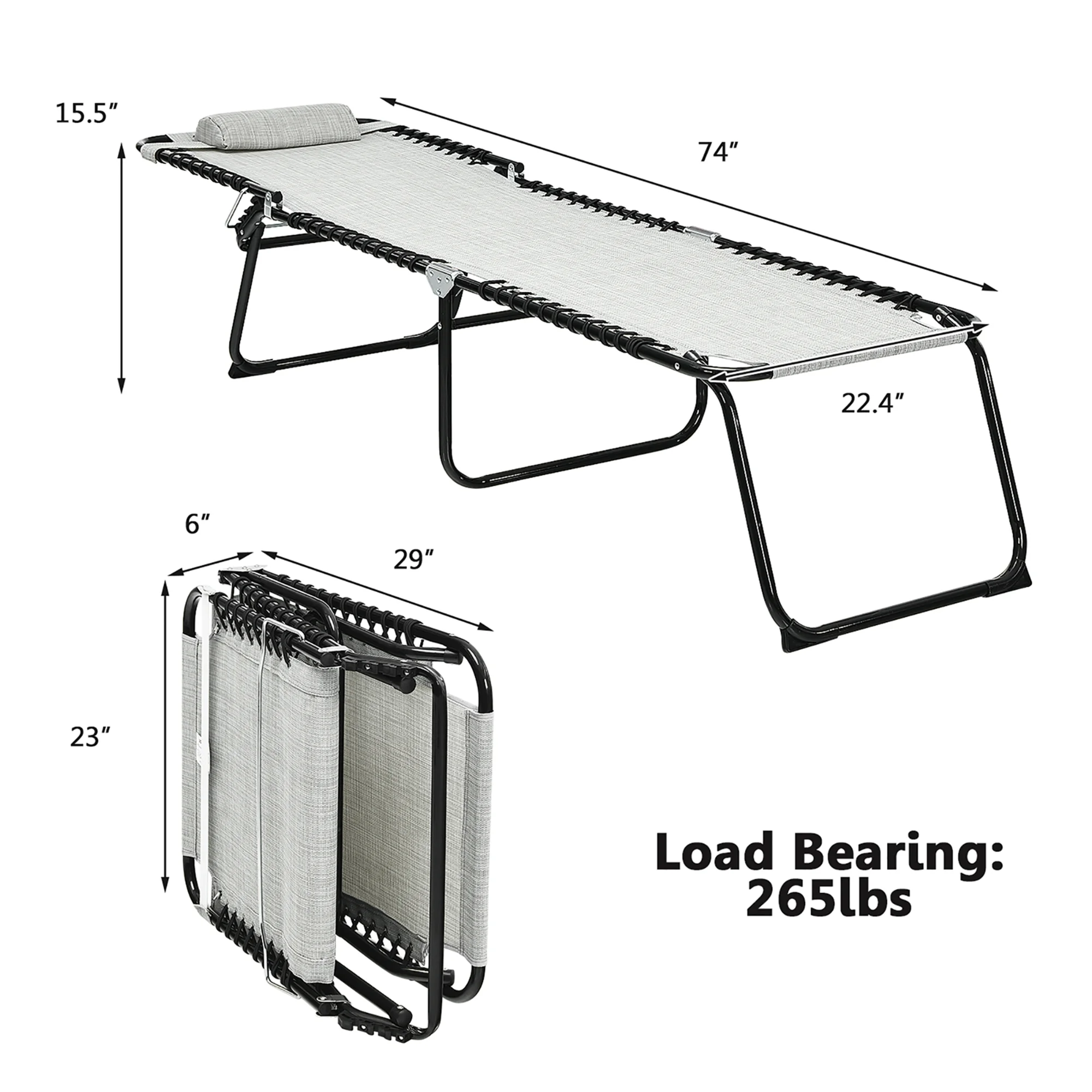 Costway Folding Beach Lounge Chair Heightening Design Patio Lounger w/ Pillow-Gray - Image 9