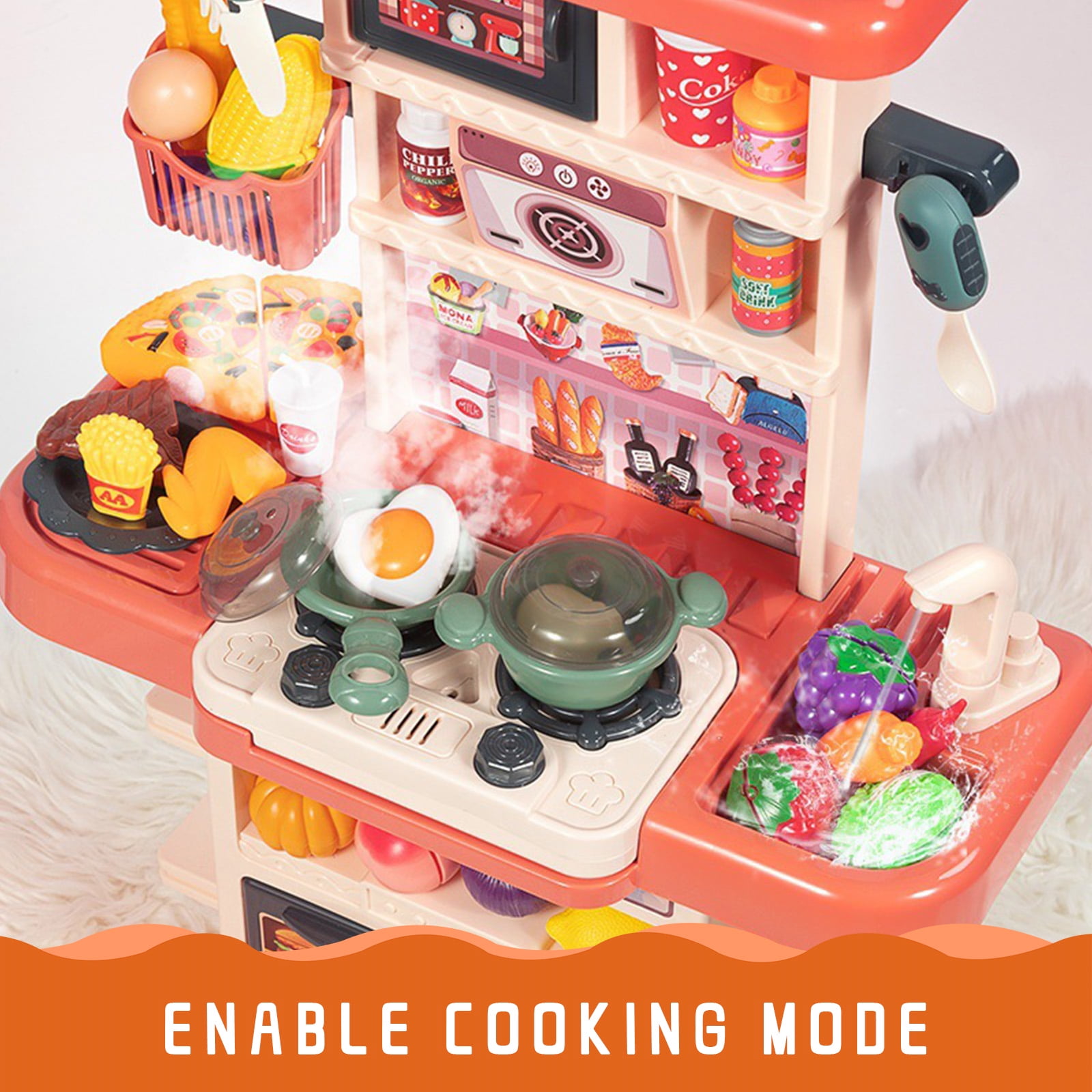 Kaimingweb Kids Play Kitchen Set – 43 Pcs Pretend Cooking Toys with Real Spray, Steam & Sound! Compact 29” Design for Small Spaces – Safe, Interactive Toddler Toy (Ages 3-8) - Image 6