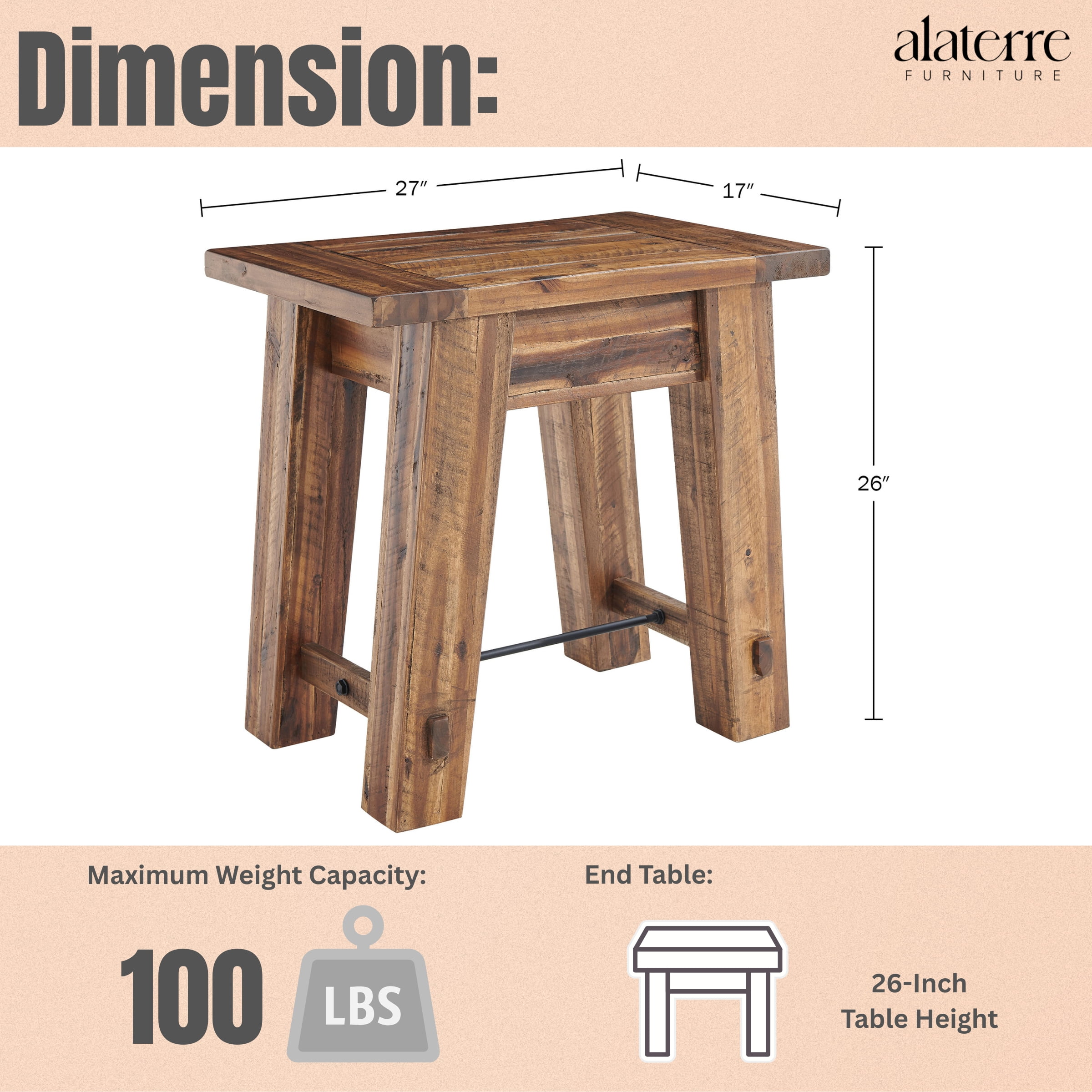 Alaterre Furniture Durango Solid Acacia Wood End Table, Industrial Side Table with 100lb Weight Capacity for Living Room, Natural - Image 10