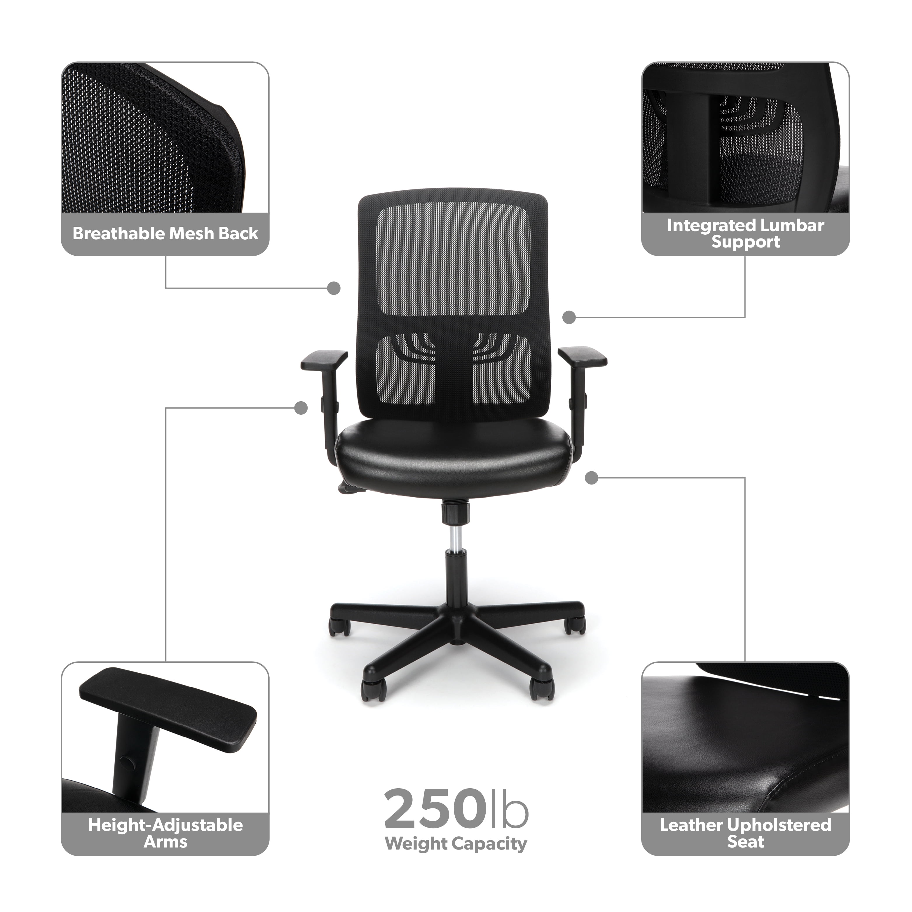 OFM Essentials Collection Mid Back Mesh Back with Leather Seat Office Chair, Lumbar Support, in Black (ESS-3048-BLK) - Image 4