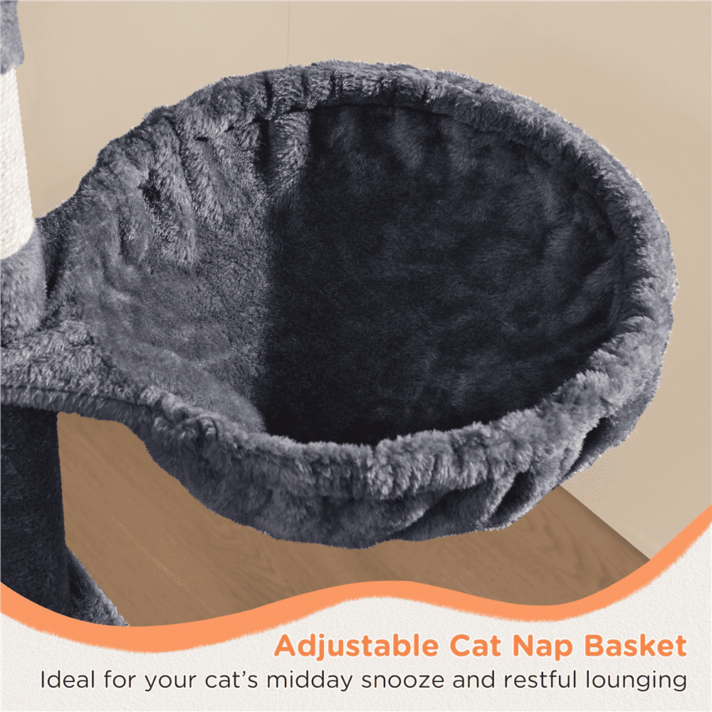 Alden Design 57″ Tall Multi Level Cat Tree with Basket & Condo & Scratching Post, Dark Gray - Image 4