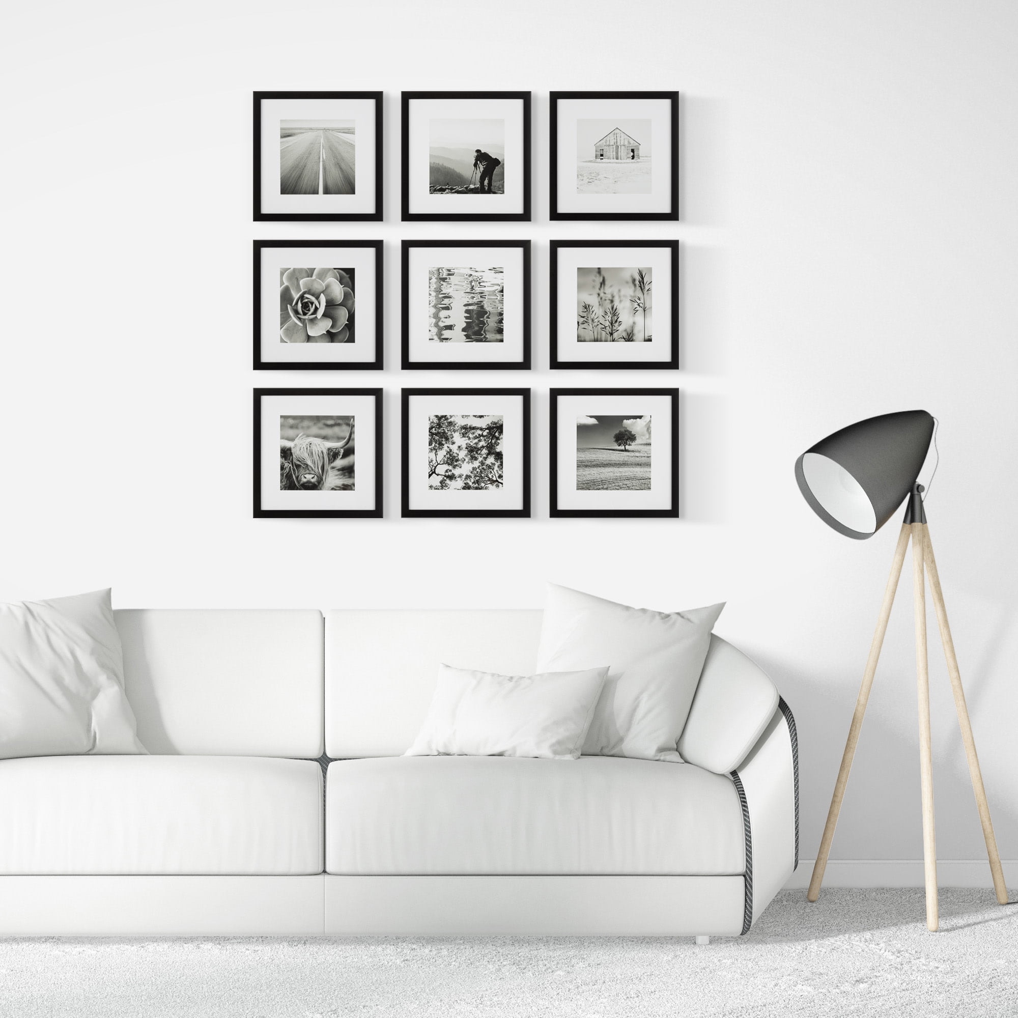 Instapoints 9 Piece 8" x 8" Picture Frame Set with Decorative Art Prints & Hanging - Black - Image 3