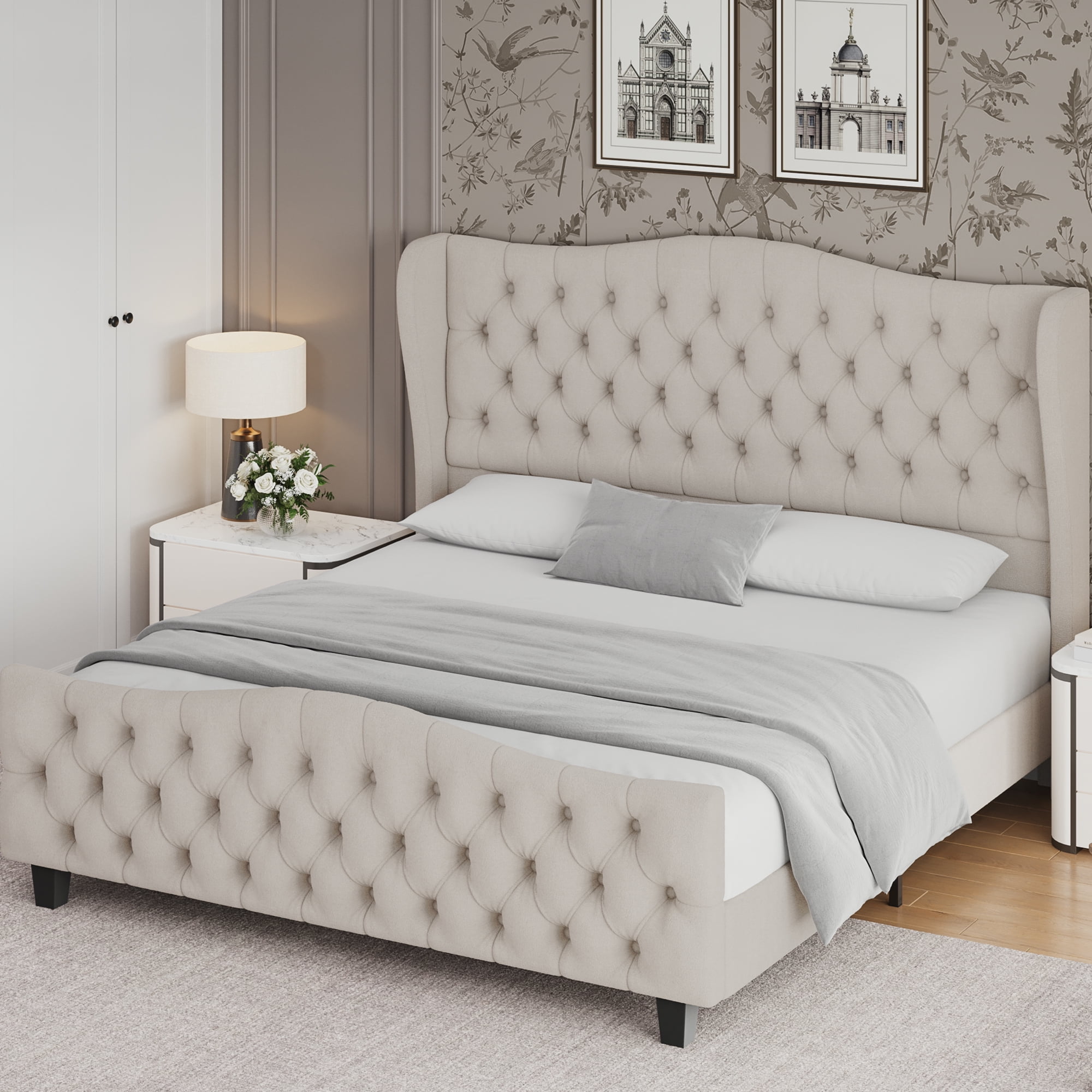 Homfa Queen Size Bed Frame with Tall Tufted Headboard, 54.3” Tall Modern Velvet Upholstered Platform Bed Frame with Deep Button Wingback Headboard, Beige - Image 3