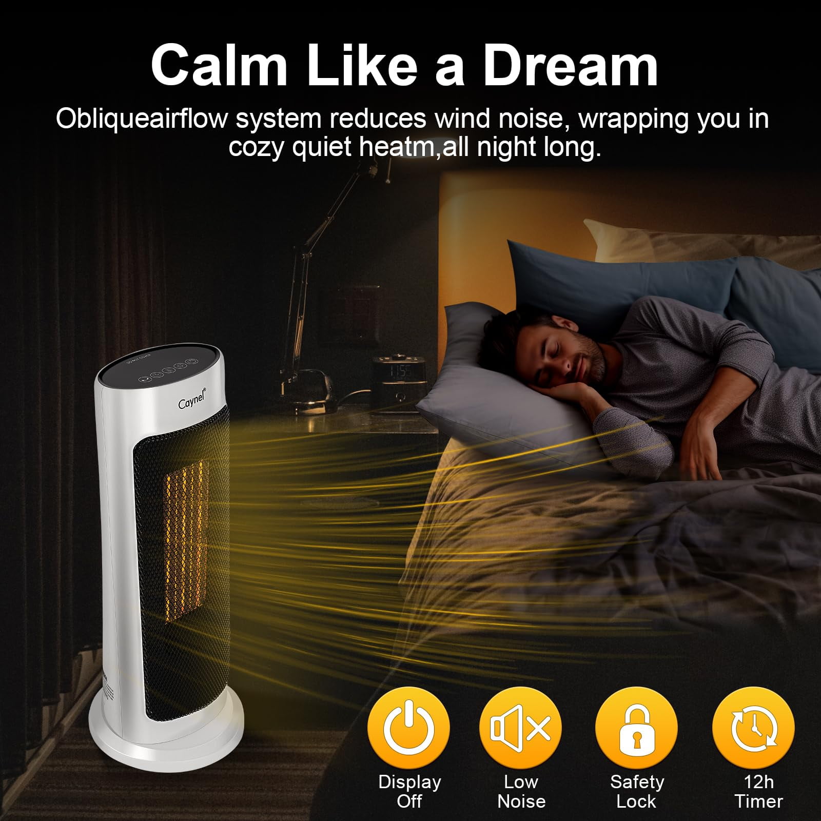 Caynel Oscillating Tower Ceramic Heaters, Electric Space Heater for Home with Thermostat 12-Hour Timer, 1500W, White - Image 6