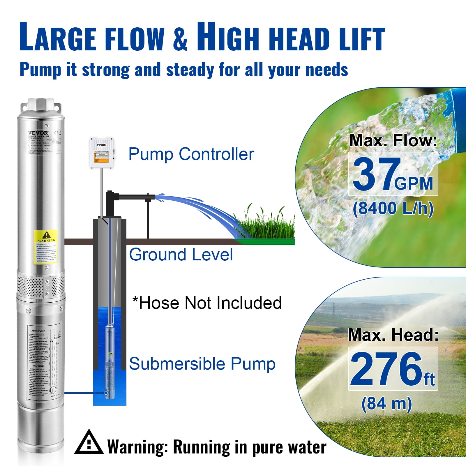 VEVORDeep Well Submersible Pump, 1.5HP 115V/60Hz, 37GPM 276ft Head, with 33 ft Cord & External Control Box, 4 inch Stainless Steel Water Pumps for Industrial, Irrigation and Home Use, IP68 Waterproof - Image 4