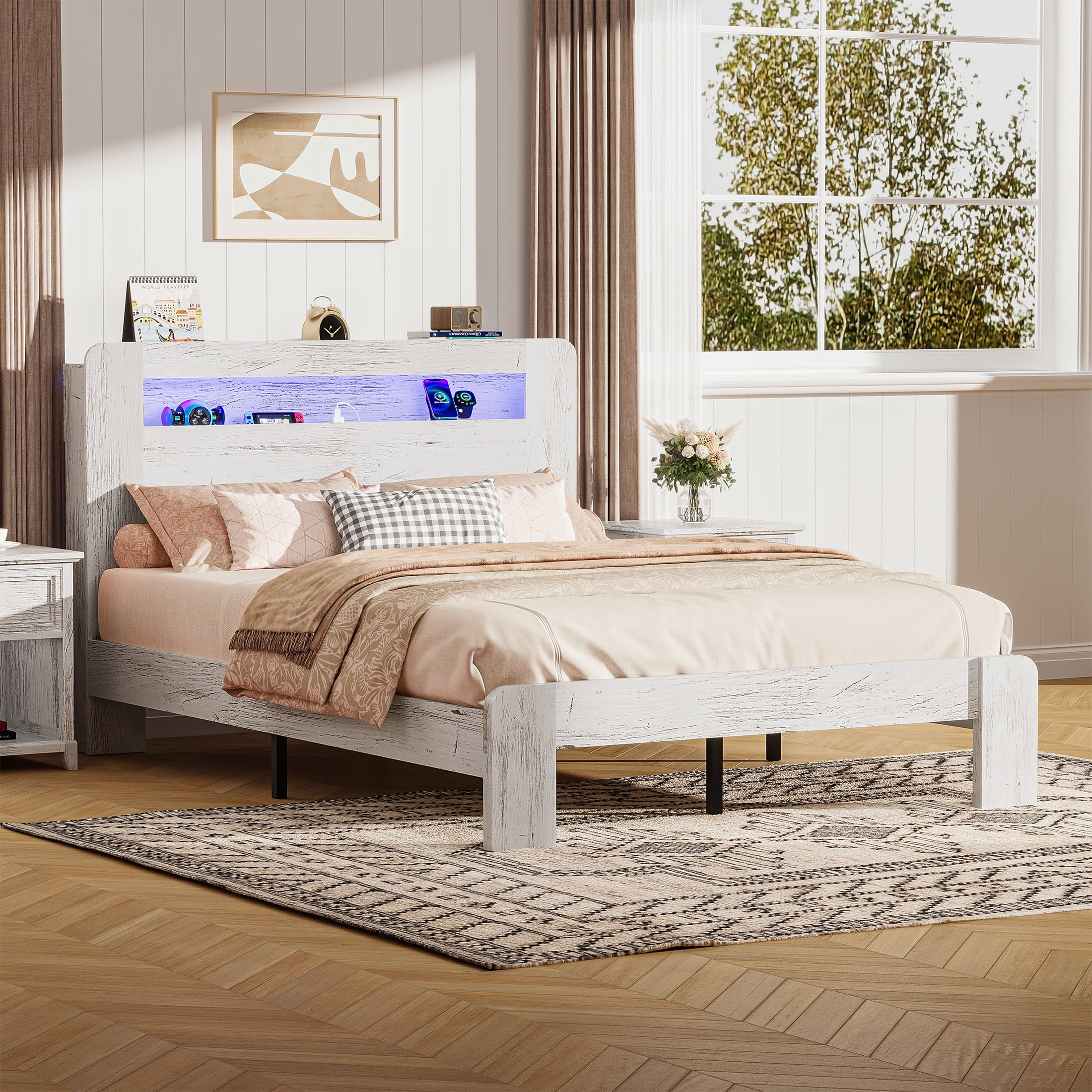 Full Bed Frame with LED Storage Headboard and Charging Station, UHOMEPRO Wood Full Bed Frame with Strong Support and RGB Lights, Modern Farmhouse Bedroom Furniture, No Box Spring Needed, White - Image 3