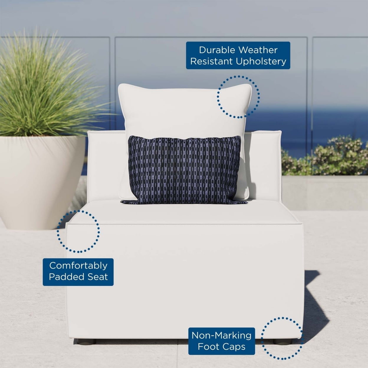Modway Saybrook Fabric Upholstered Outdoor Patio Sofa Armless Chair in White - Image 5