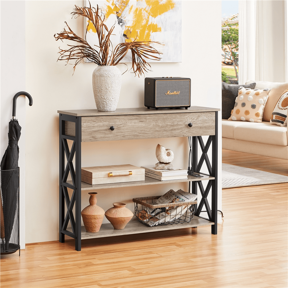 Alden Design Vintage Wooden Console Table with Power Outlet & 1 Drawer for Entryway, Gray - Image 7