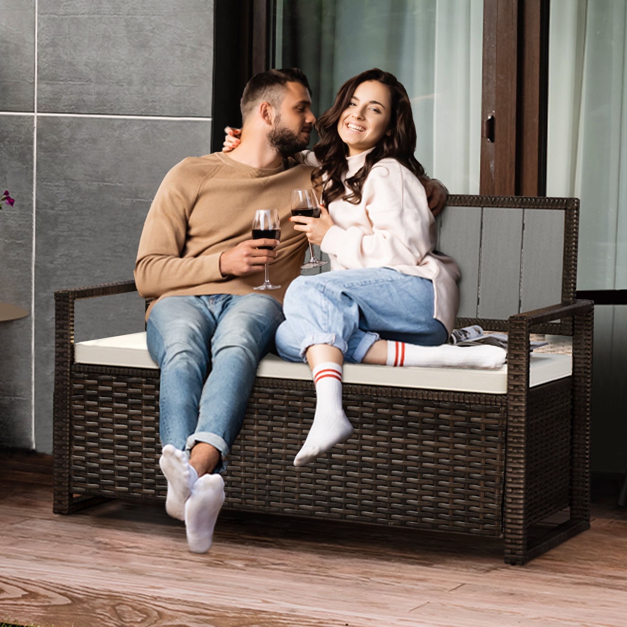 Dextrus 70 Gallon Outdoor Storage Bench Loveseat, Wicker Storage Seat for Patio Furniture, Outdoor Cushions, Pool Storage - Brown - Image 2