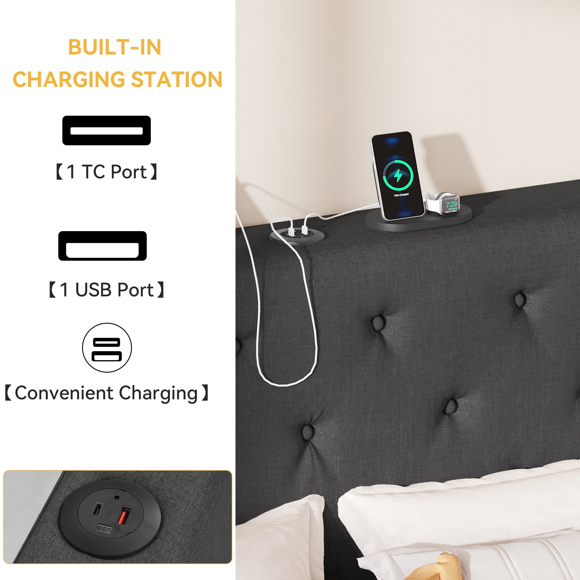 Dextrus Lift Up Storage Bed, Gray Upholstered Queen Bed Frame with Wingback Headboard, USB and Type-C Ports, No Box Spring Needed - Image 2