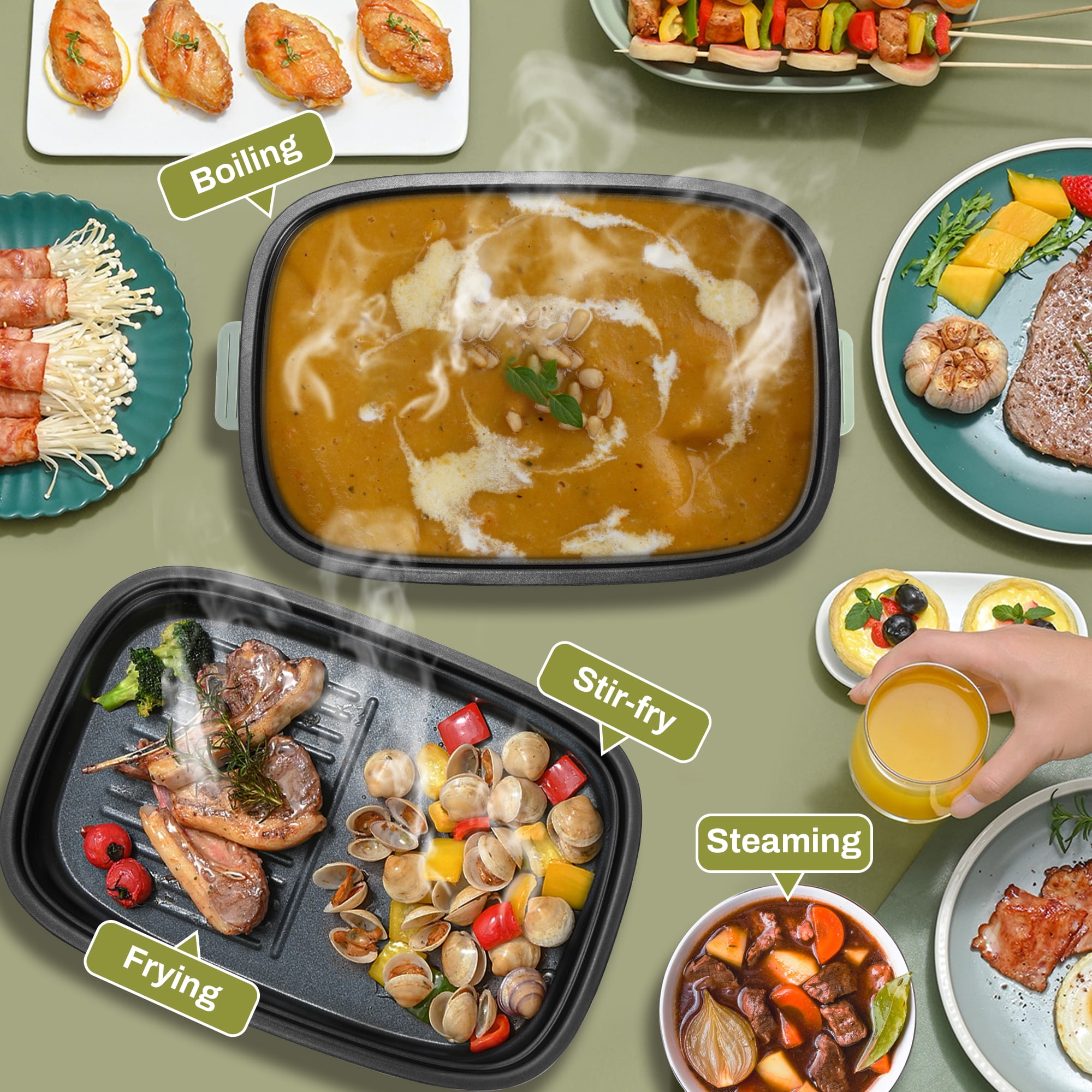 SUSTEAS Hot Pot Electric, Hotpot for Cooking with Removable Non-Stick 2 Pots(Skillet & 3L Hotpot Pots), 1200W Electric Hot Pot with Slide Power Control for Home, Party, Family & Friend Gathering - Image 5