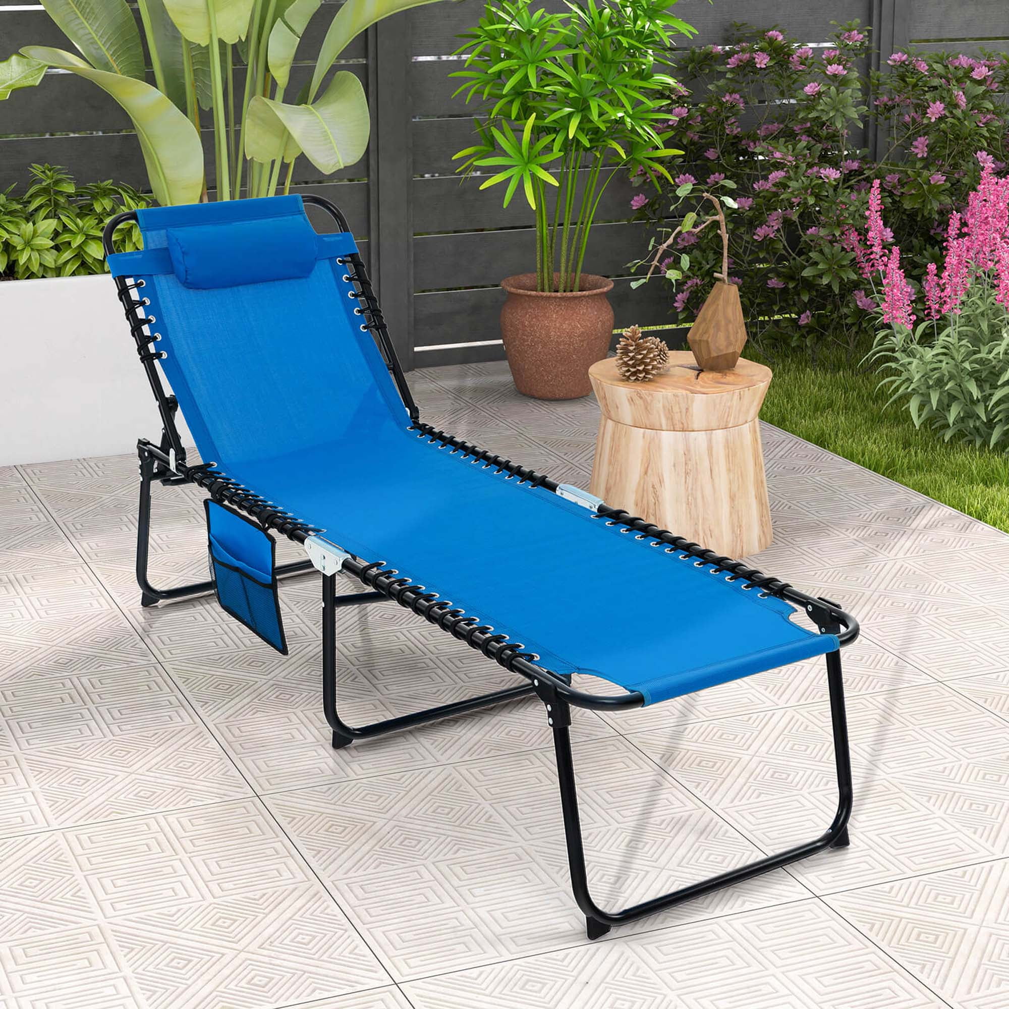 Costway Folding Lounge Chaise Recline Chair with Adjustable Backrest and Footrest Navy - Image 4