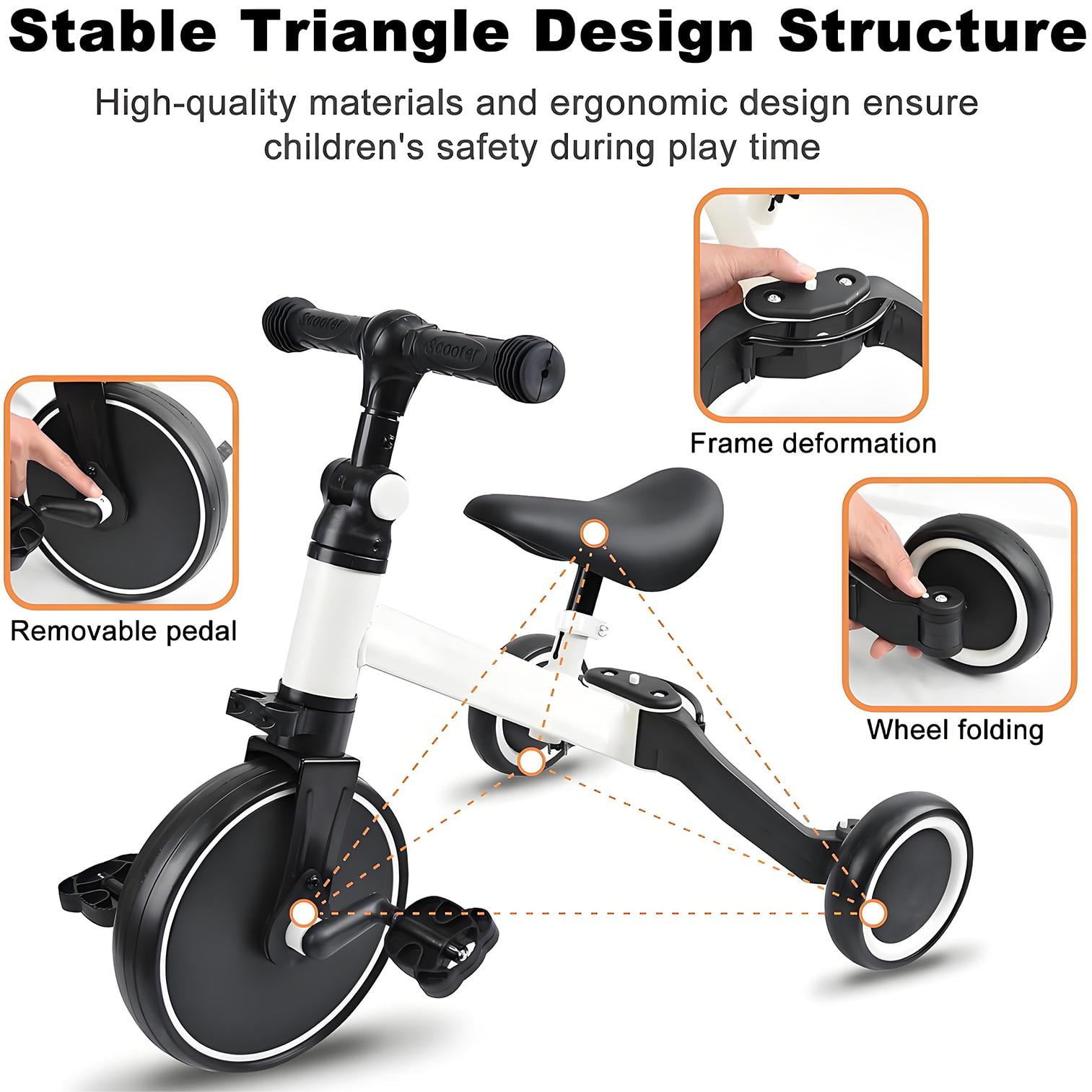 Kids Tricycle, 5-in-1 Toddler Balance Bike with Removable Pedals, White Tricycles for Toddlers Kids 1-4 Years Old Boys Girls Birthday Gift, Baby Bike Infant Trike Toddler Bike - Image 2