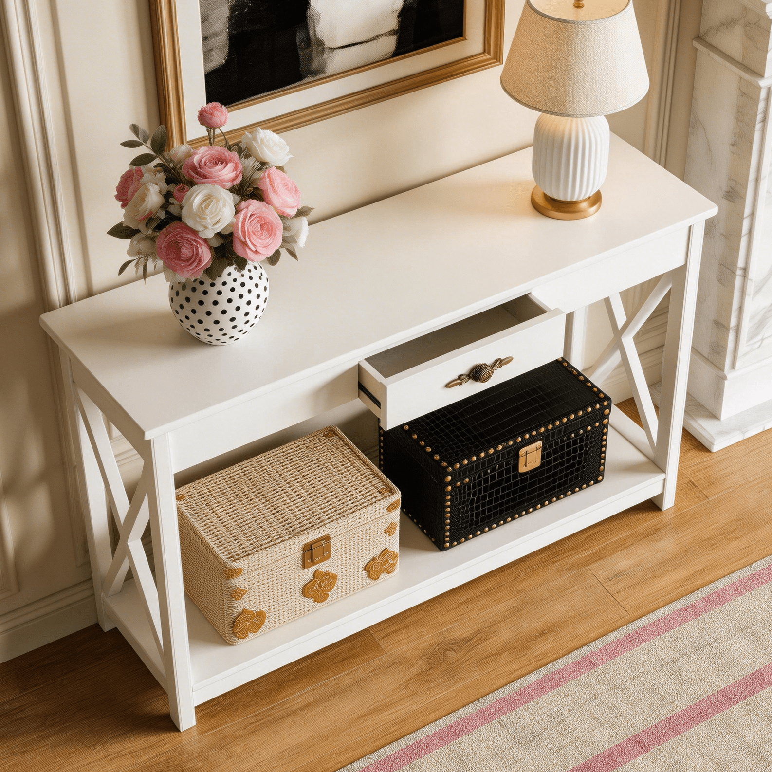 Ktaxon Mid-Century Console Table Sofa Table with 1 Drawer and Shelf, 39.5" Modern Narrow Entryway Table with Storage for Hallway, Living Room, Foyer, White - Image 3