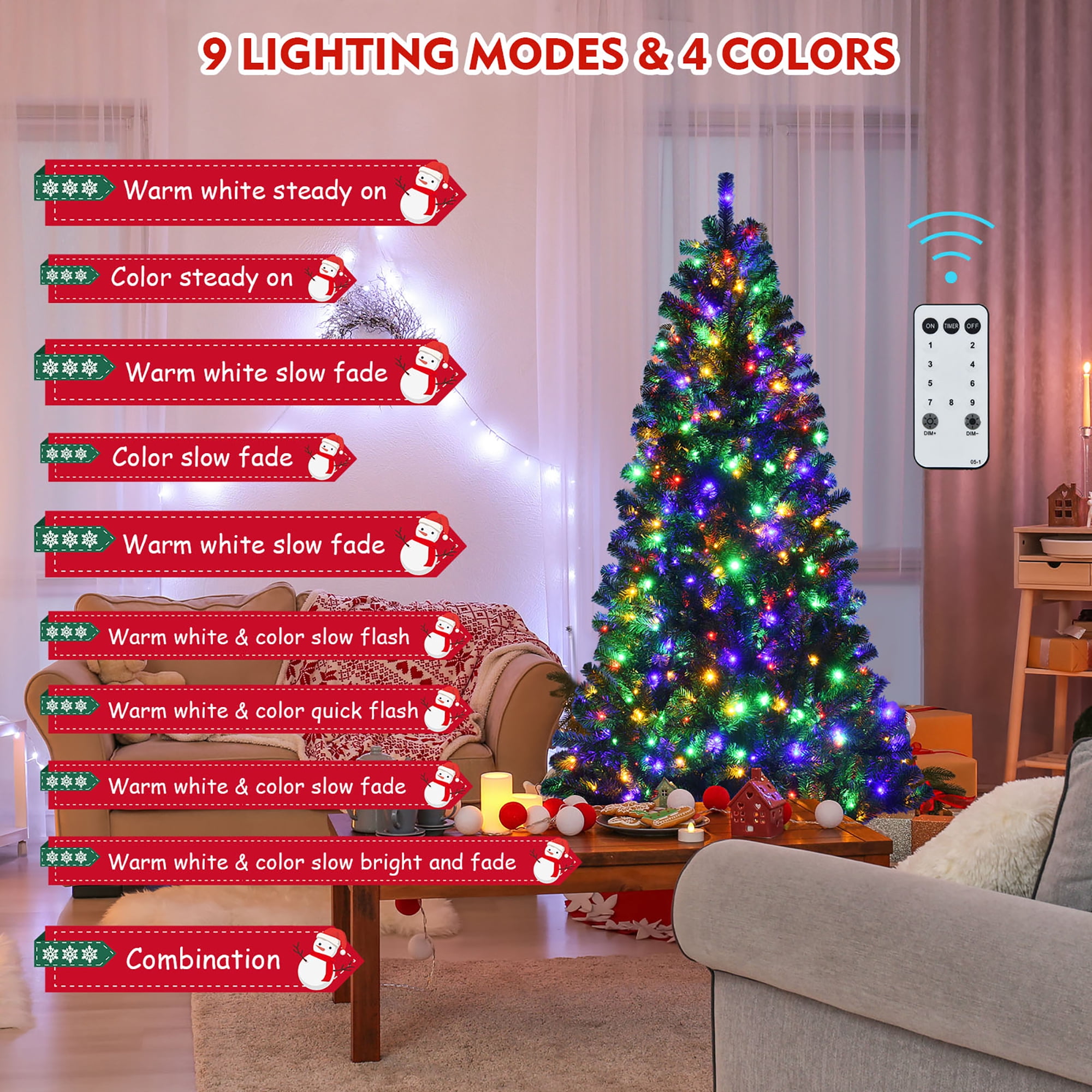 Costway 6ft Pre-lit Hinged Christmas Tree w/ Remote Control & 9 Lighting Modes - Image 11