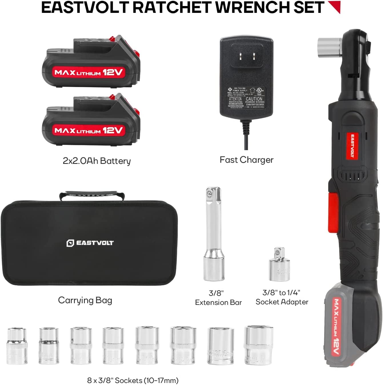 Eastvolt EVRW1202B, 3/8" Cordless Electric Ratchet Socket Wrench & Set, 14 Pieces - Image 2