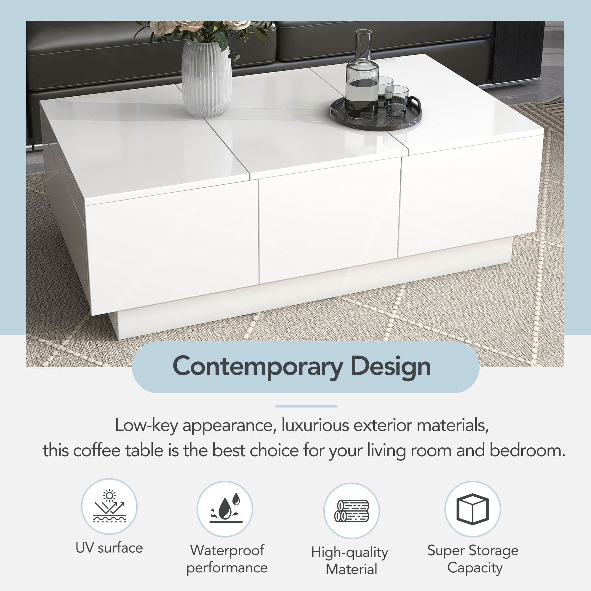 Aukfa Modern Extendable Coffee Table - Rectangle Cocktail Table with Hidden Storage - White - Image 2