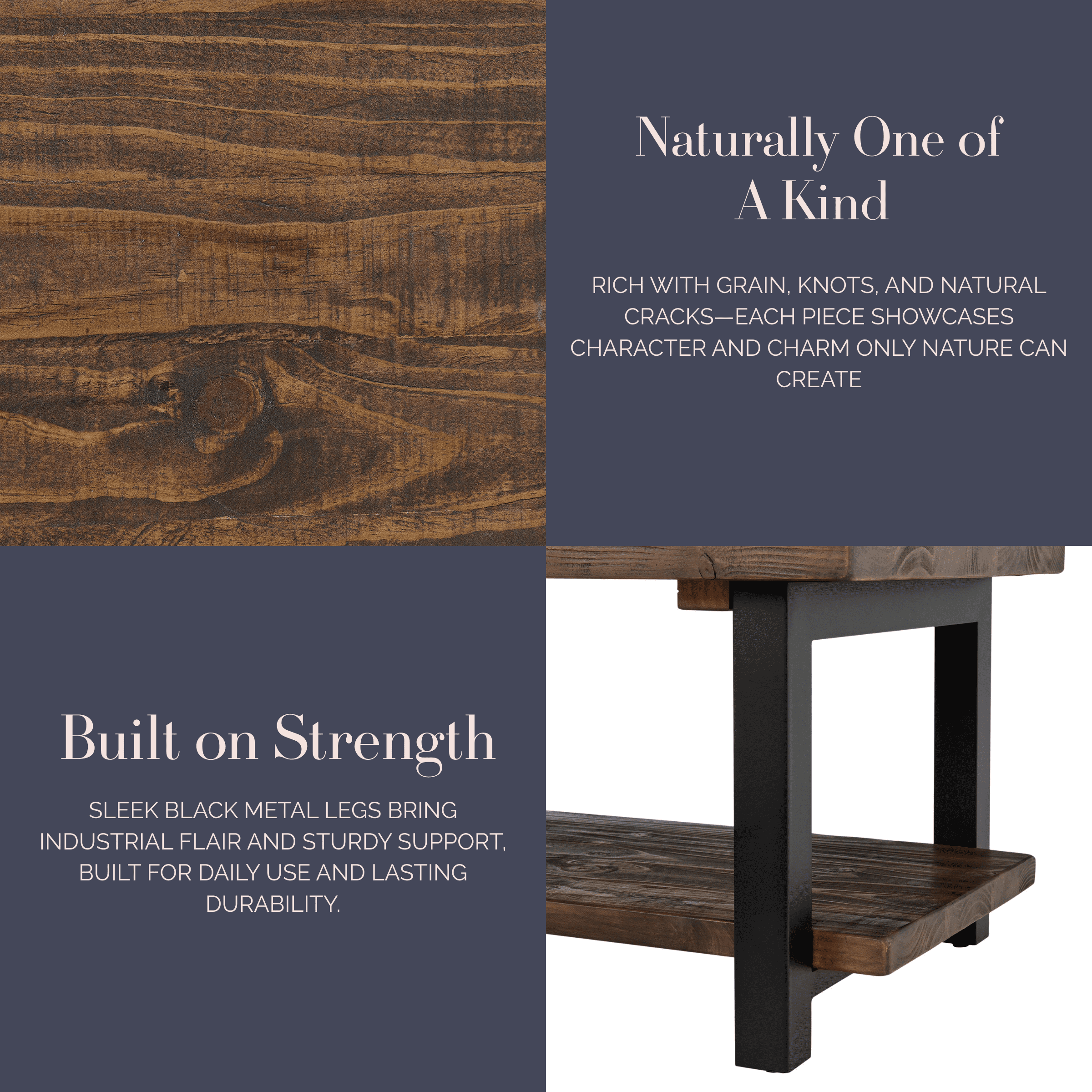 Alaterre Furniture Pomona 42 in. Solid Pine Wood and Metal Coffee Table, Rustic Natural - Image 2