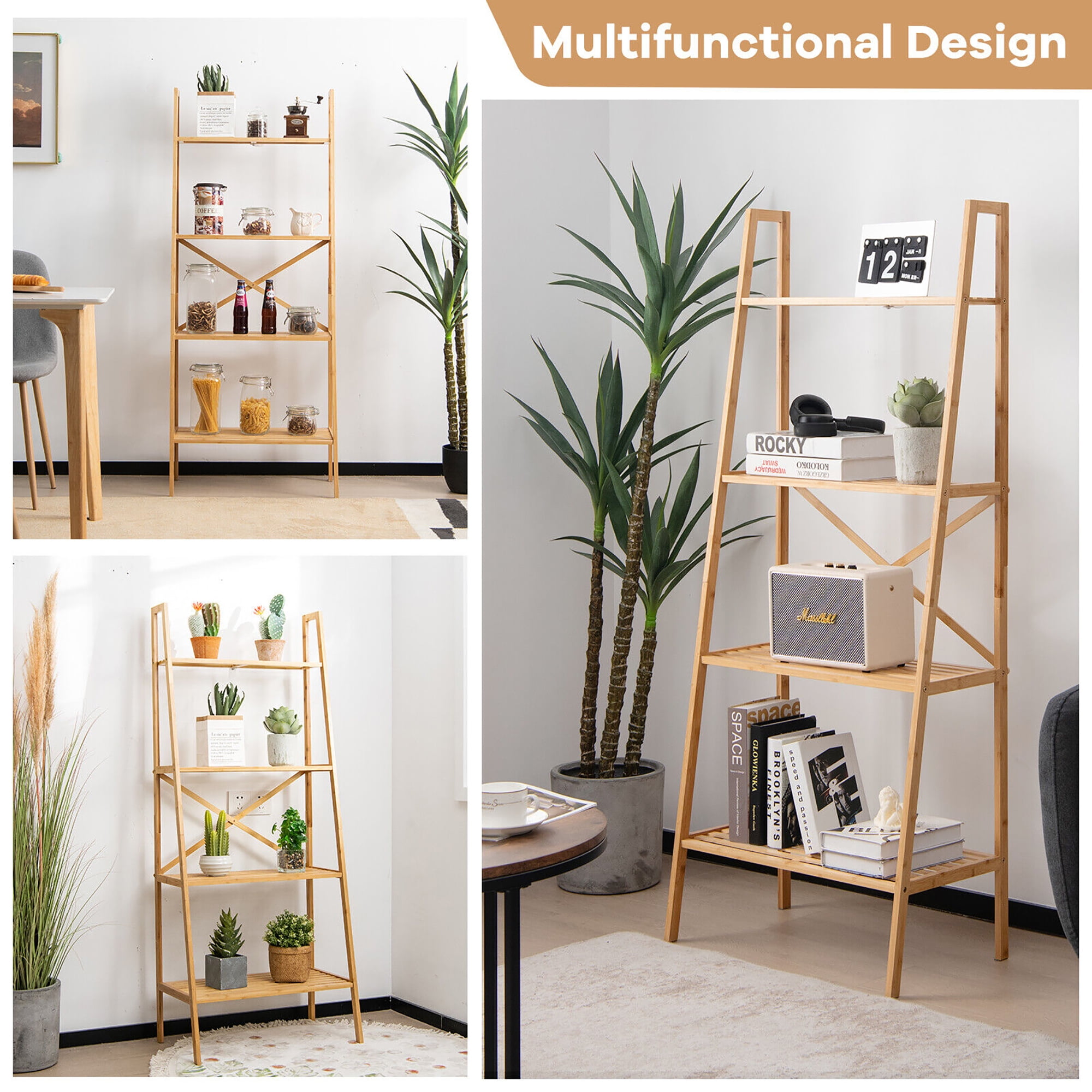 Gymax 4-Tier Bamboo Ladder Bookshelf 58'' Display Shelf Storage Rack Plant Flower Stand - Image 8