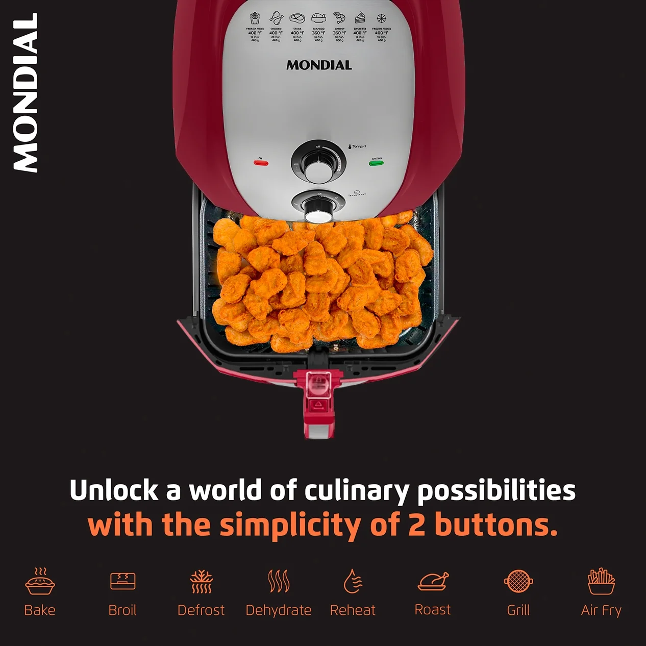 Mondial Air Fryer - 8.6 Quart Extra-Large Air Fryer, 1800 Watts - Quick Heat Circulation Technology, Low Fat Cooking Less Calories - Removable Squared Basket, Easy Usage Auto Shut Off - Red - Image 2