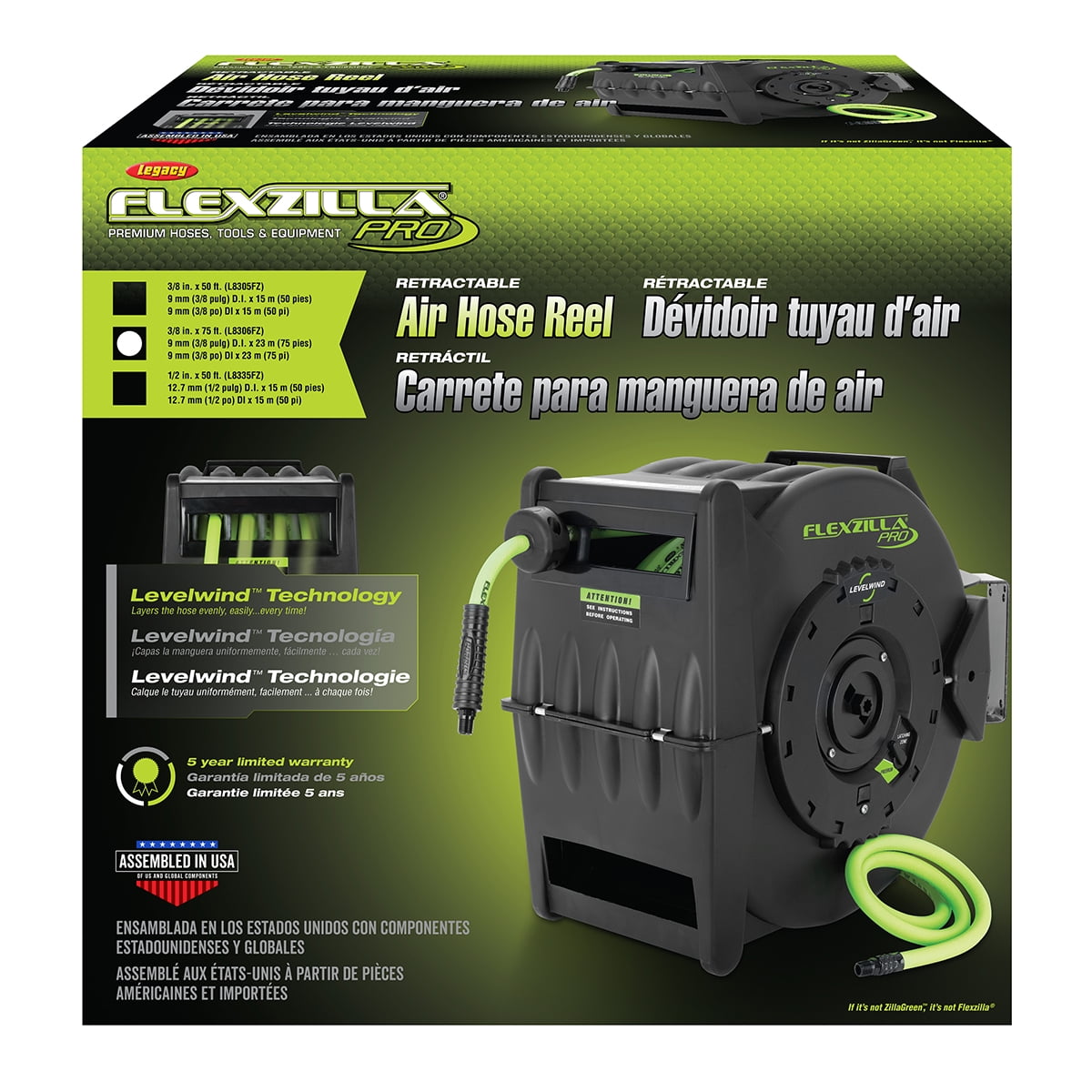 Flexzilla® Pro Retractable Air Hose Reel with Levelwind Technology, 3/8" x 75', ZillaGreen® - Image 3