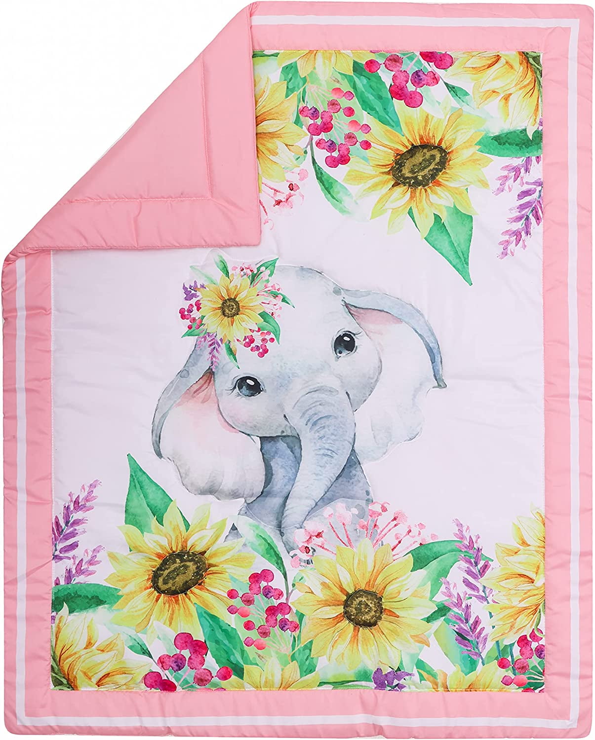Sweet baba Pink Cartoon Elephant Crib Bedding Set for Girls,5 Piece-Crib Sheet/Crib Skirt/Quilt/Blanket/Diaper Bag - Image 2