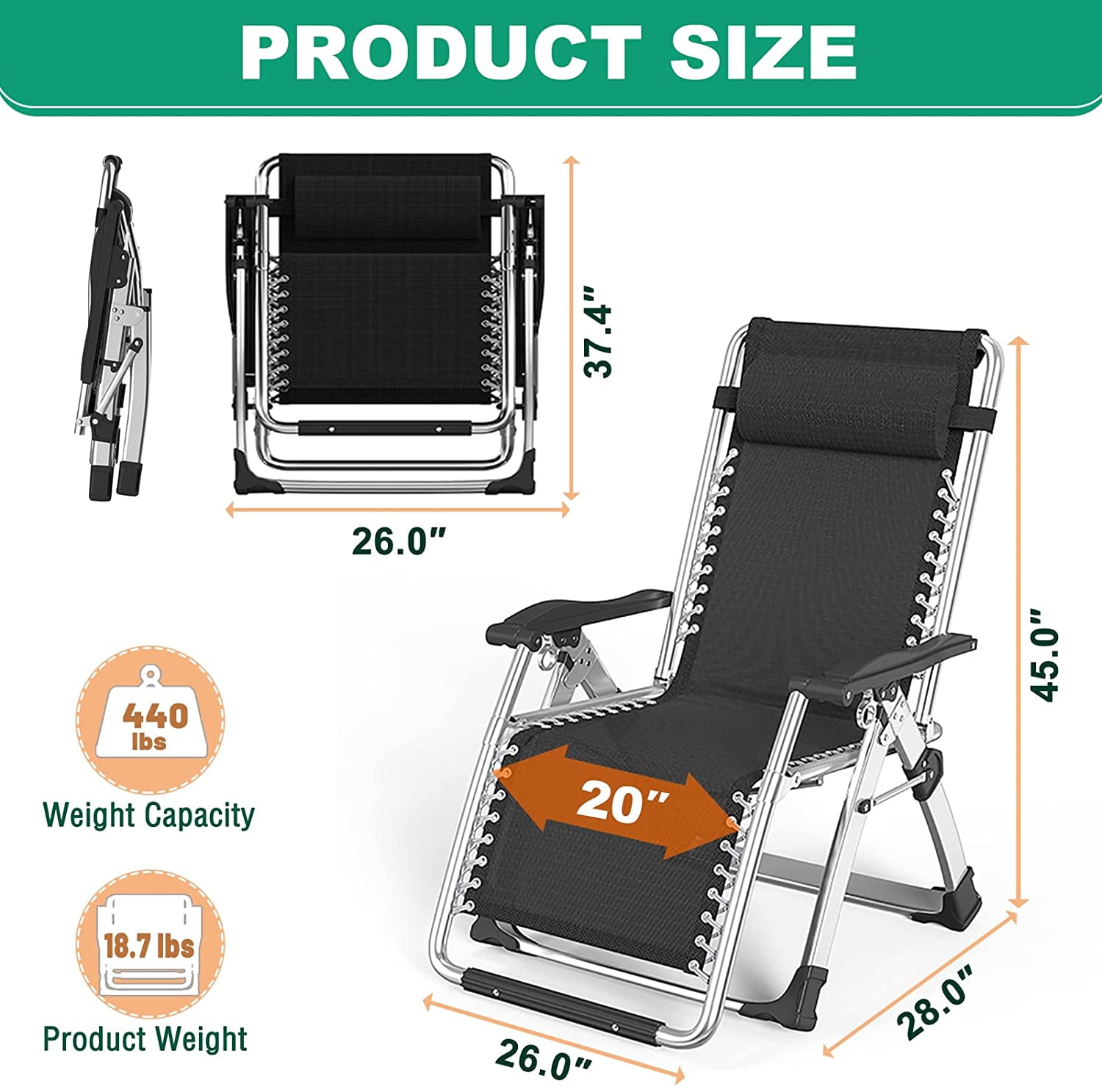 ABORON Living Room Chairs, Folding Zero Gravity Chair for Living Room/Bedroom/Office, Folding Lounge Chair Reclining Patio Chairs with Mattress for Indoor Outdoor - Image 2