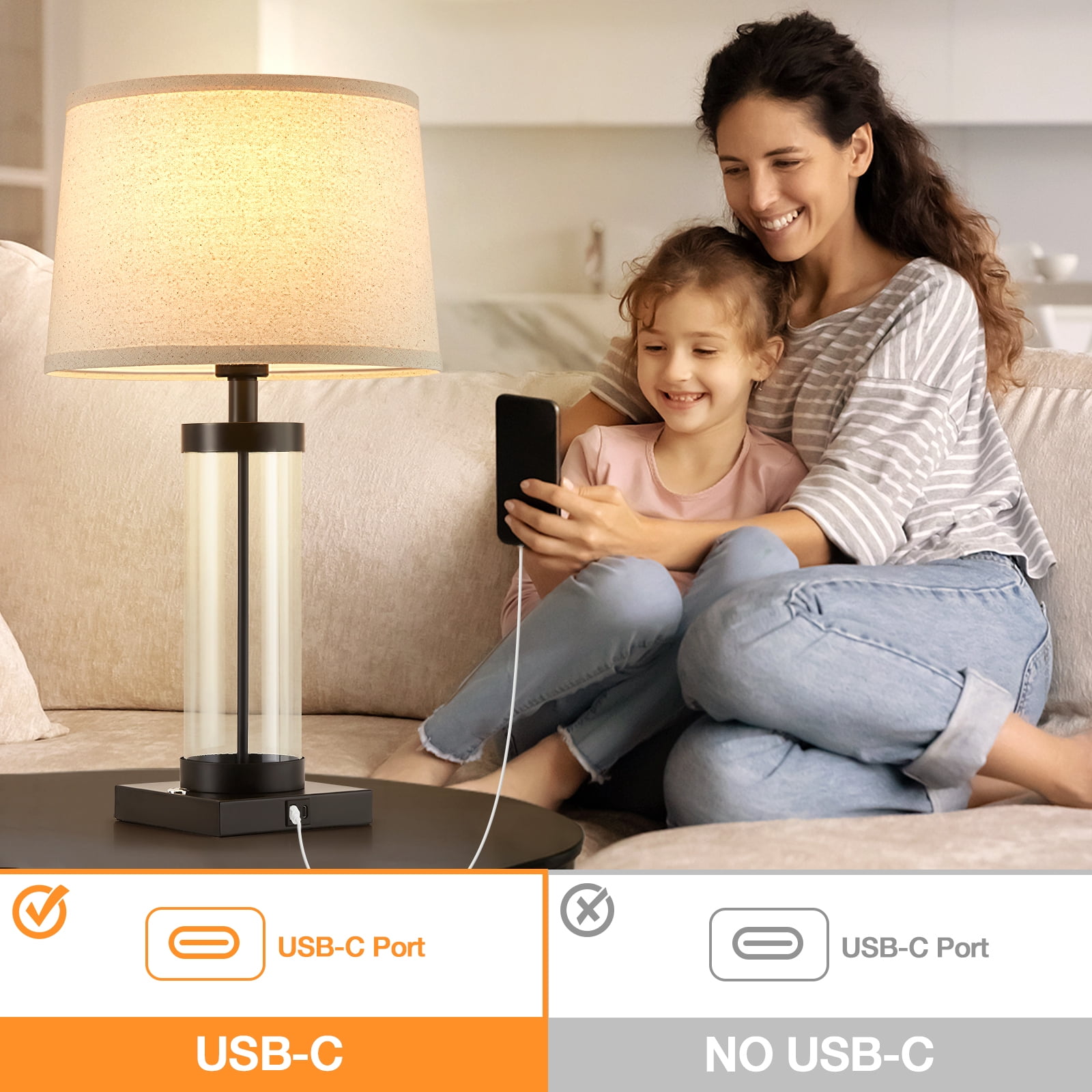 NATYSWAN Glass Table Lamps Set of 2 ,3 Way Dimmable Nightstand Touch Lamps for Living Room,Modern Bedside Reading Lights with USB Ports - Image 4